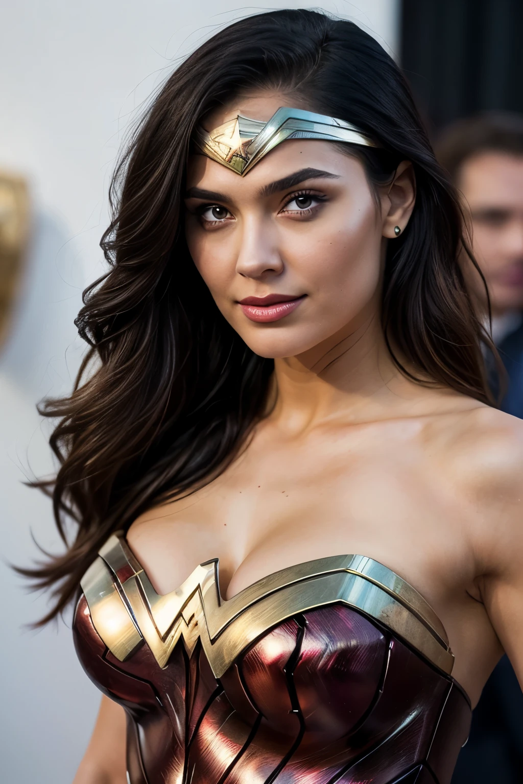 masterpiece, Best Quality, Photorealistic, Ultra-detailed, finely detail, hight resolution, 8k wallpaper, high level of detail, Beautiful woman, (detailed brown eye, ((Facing the front)), ((Look at viewers)), (Sexy pose), Small light, Low contrast, Facial symmetry, a lot of people in background, comic con, central image, Lights up softly, (finely detailed skin), pale skin, Realistic skin texture, Extreme skin details, (pores: 0.1), , small bust with good shape, , slim figure, Hourglass body shape, fitness body, wonder woman, armor, intagram filter