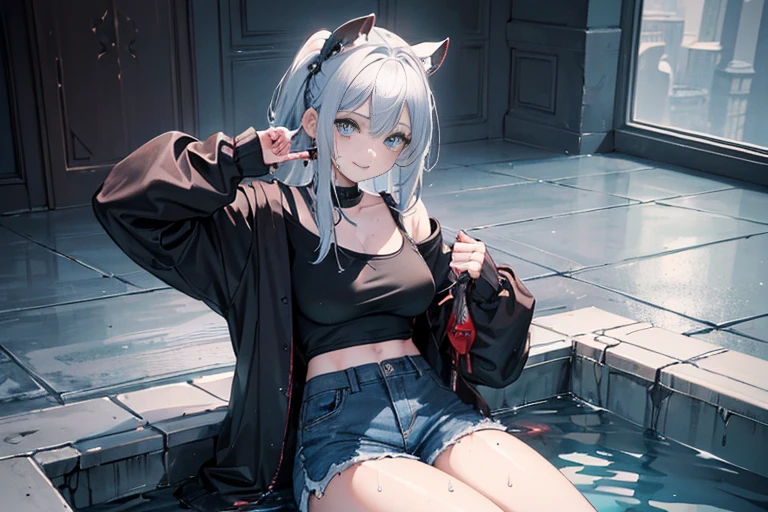 ((Masterpiece)), (high definition:1.3), Beautiful,(Masterpiece), 8K, From directly above, wideshot, super detaill, Realistic, Beautiful photo, Textured skin, Cinematic lighting,（beautiful medium bob、Black rabbit ears、oversized sweatshirt、Blood flow,  Ripped short denim pants 、crazy eyes)、(the floor is wet from a large pool of blood、Sit on the ground、holding a knife in his hand、Creepy and inorganic white concrete room）((Masterpiece))、blusher、big eyes, open your mouth wide and smile madly、Cute Beautiful Girl, sweaty