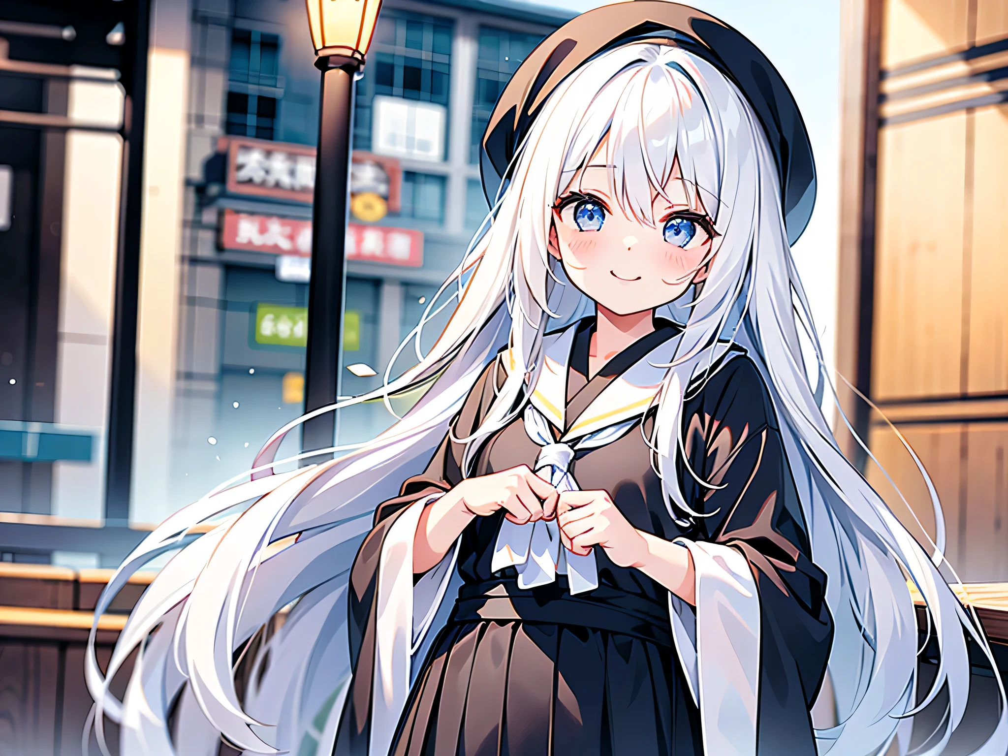 one-girl,Long white hair,Highlight the topic,Have on the street,ssmile,There is a slight flush on the cheeks,Shawl emanation,at class room,Highlight the characters