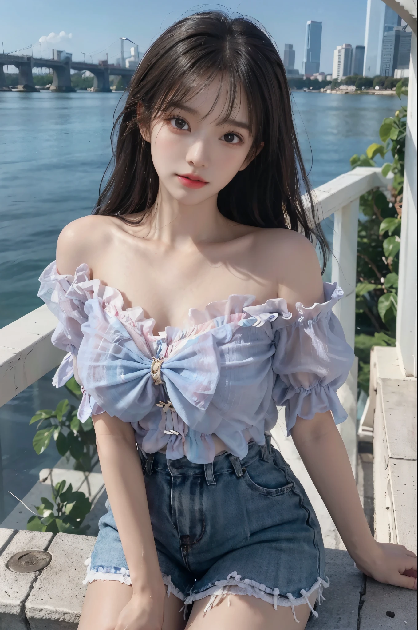 Sweet girl clothes7,skirt,Film portrait photography， 1个Giant Breast Girl， Shoulder length wavy hair， peaceful， peacful， （Realistic and detailed eyes， Natural skin texture， Realistic facial details）， Soft dramatic lighting， Depth of field of view， vibrant detail， finely detailled， hyper realisitc