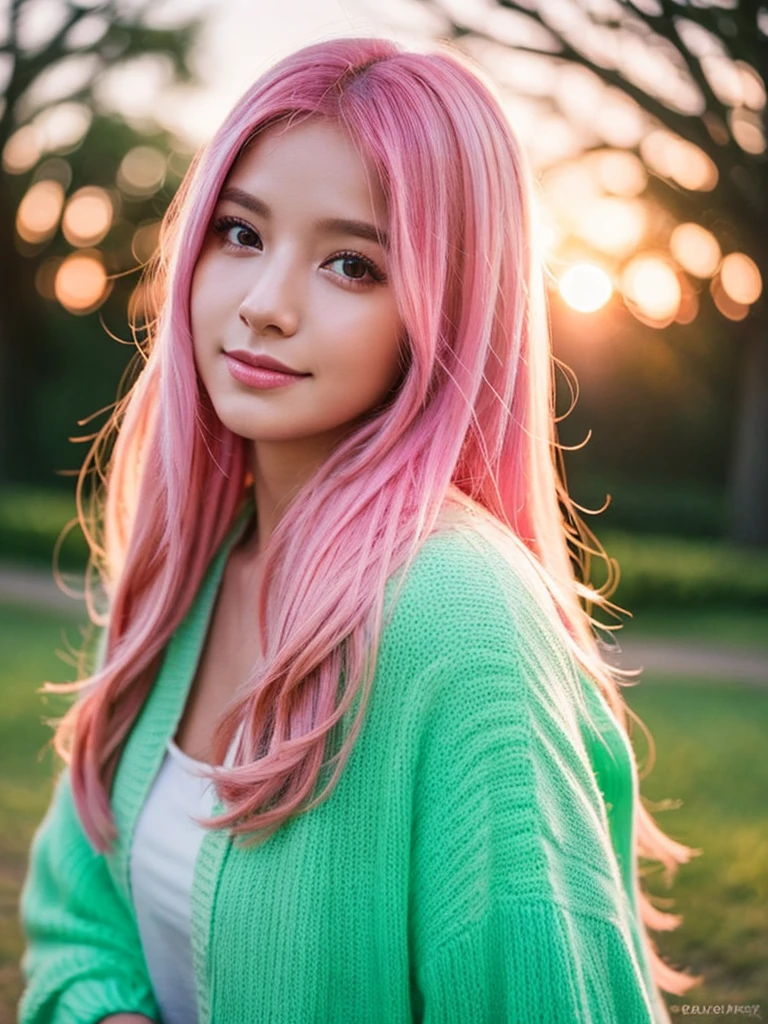 girl, vibrant pink hair, long hair, makeup, sunrise