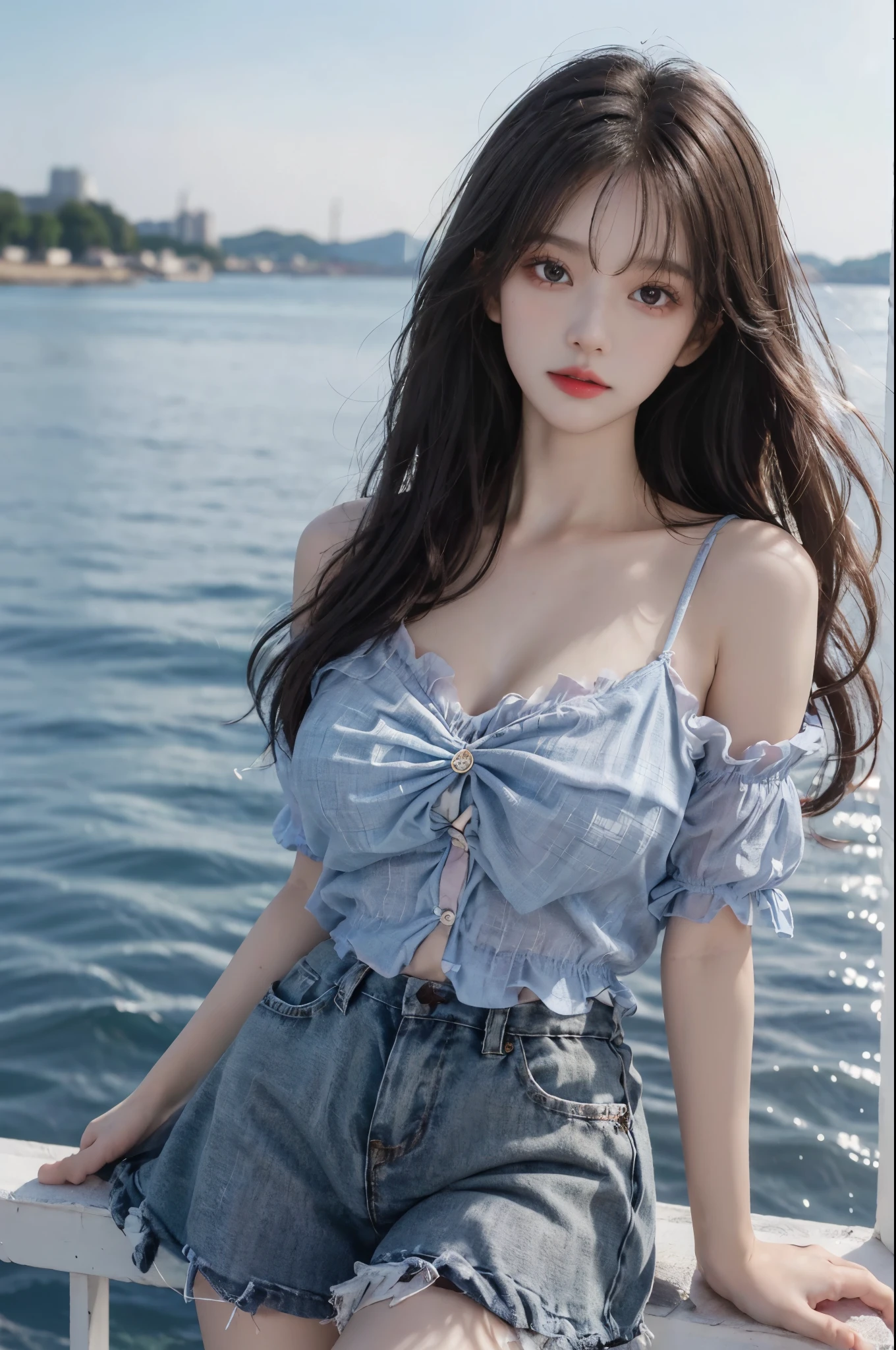 Sweet girl clothes7,skirt,Film portrait photography， 1个Giant Breast Girl， Shoulder length wavy hair， peaceful， peacful， （Realistic and detailed eyes， Natural skin texture， Realistic facial details）， Soft dramatic lighting， Depth of field of view， vibrant detail， finely detailled， hyper realisitc