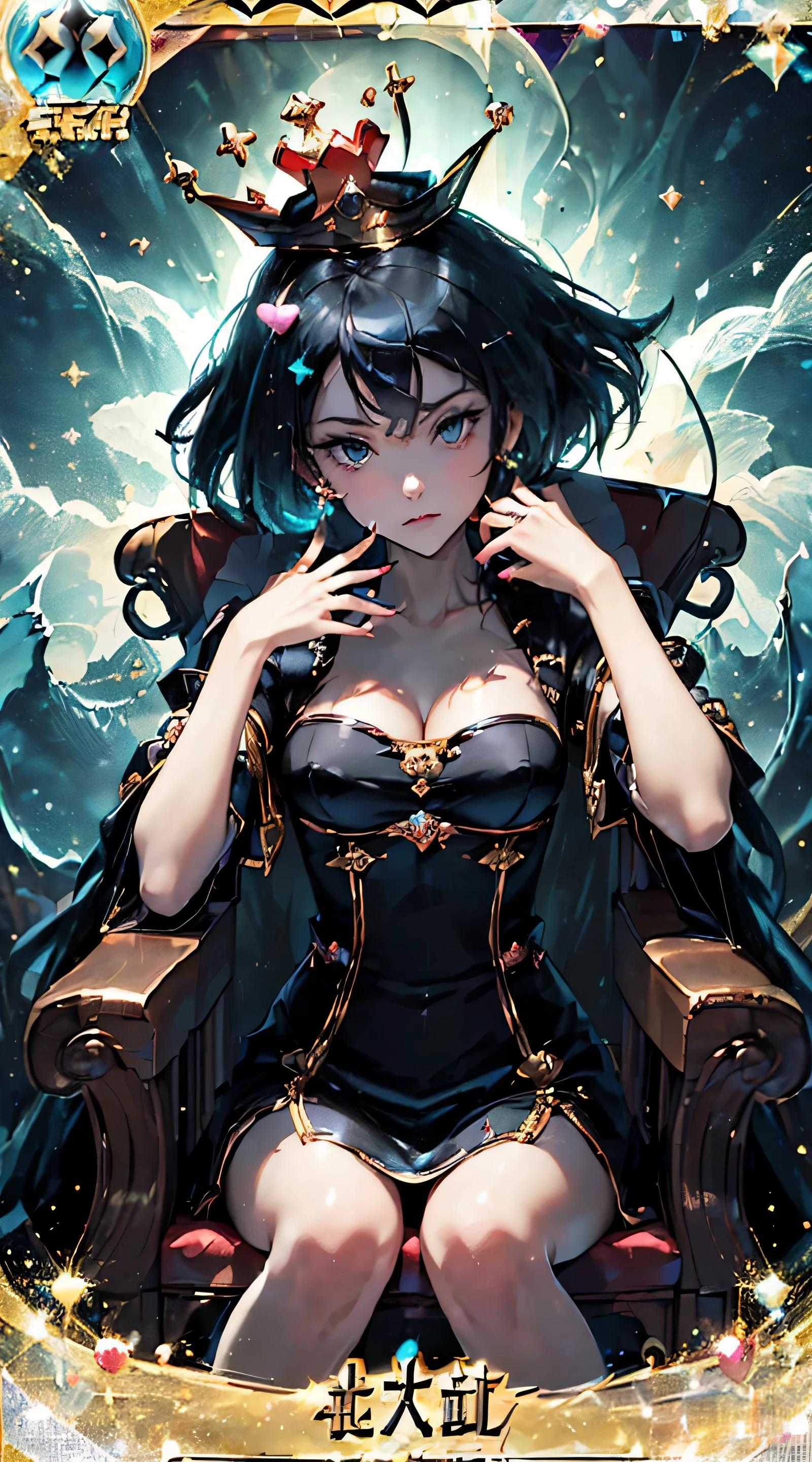 beautiful queen jester, Mixture black and white hair, Eye pupils in the shape of love, jester dress, jester crown, card magic aura around her, clover and love card particles are red, red aura like water, HD lighting and dark )<=(epic image quality)dark atmosphere with bright particle light(many effects in background,((( Thousands of cards in the background.))) ((((He sits on a luxurious crown chair.)))