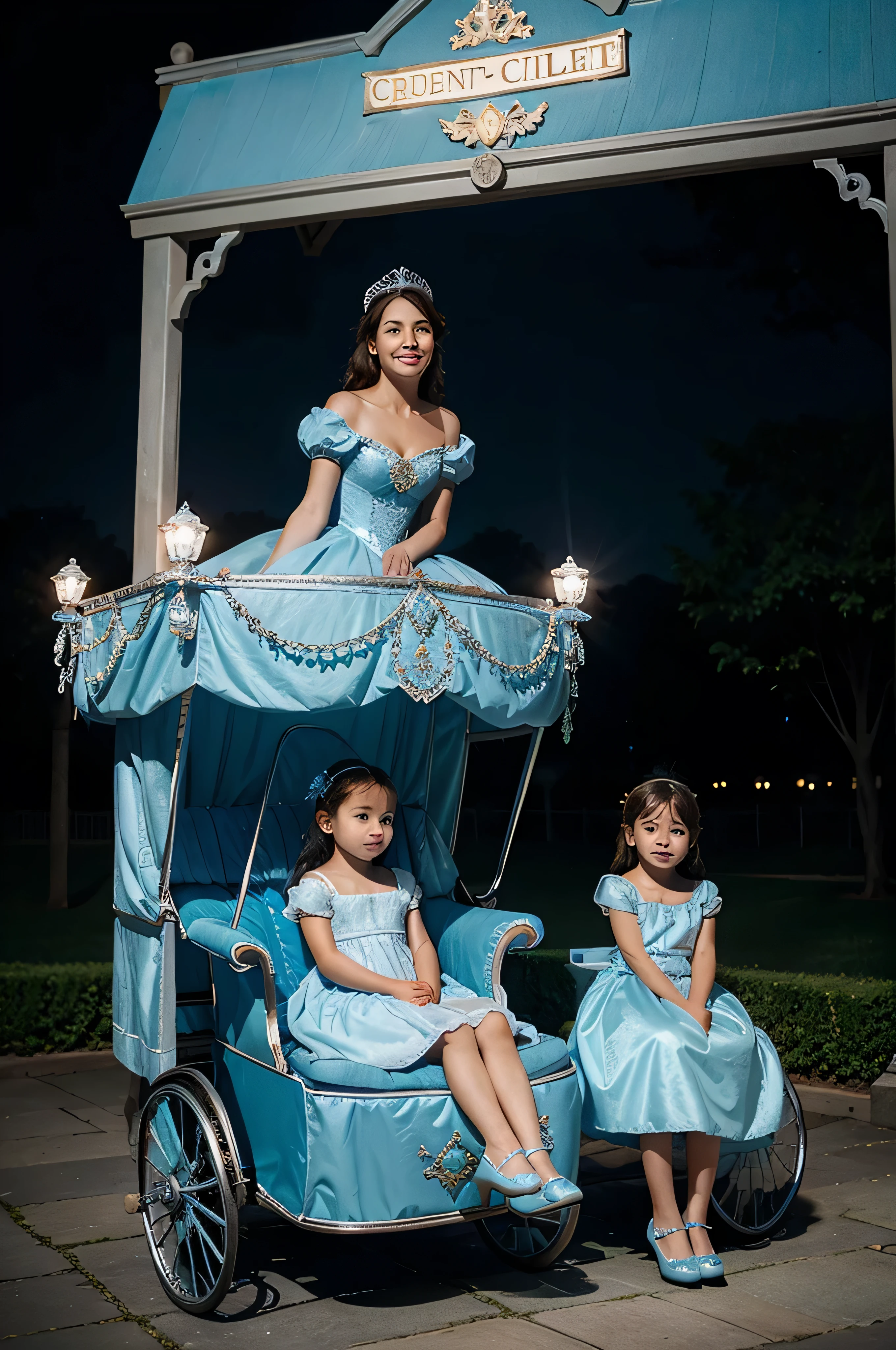 Cinderella in a blue dress and crystal slippers sits at night with a girl in a fairy-tale carriage., faces in front