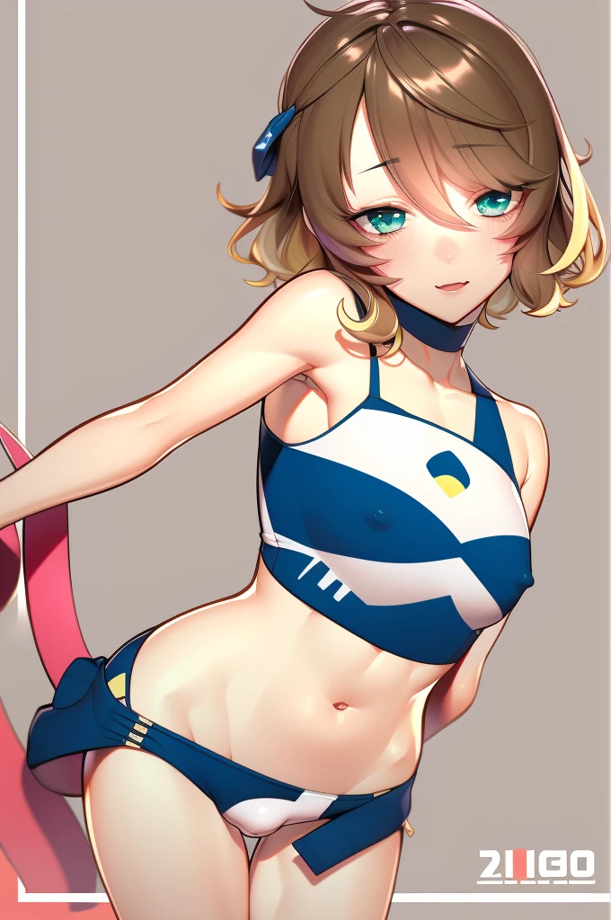 amicia michella - nijisanji, anime style, 1boy, deep violet hair, short hair, wavy hair, crop top, midriff, girly face, blushed, seductive, wide hips, thick thighs, huge round ass, flat chested, (((full flat chest))), (((bulge))), full body, dynamic pose, office, absurdres, high res, ultrasharp, 8K, masterpiece, looking at viewer, CuteTraps