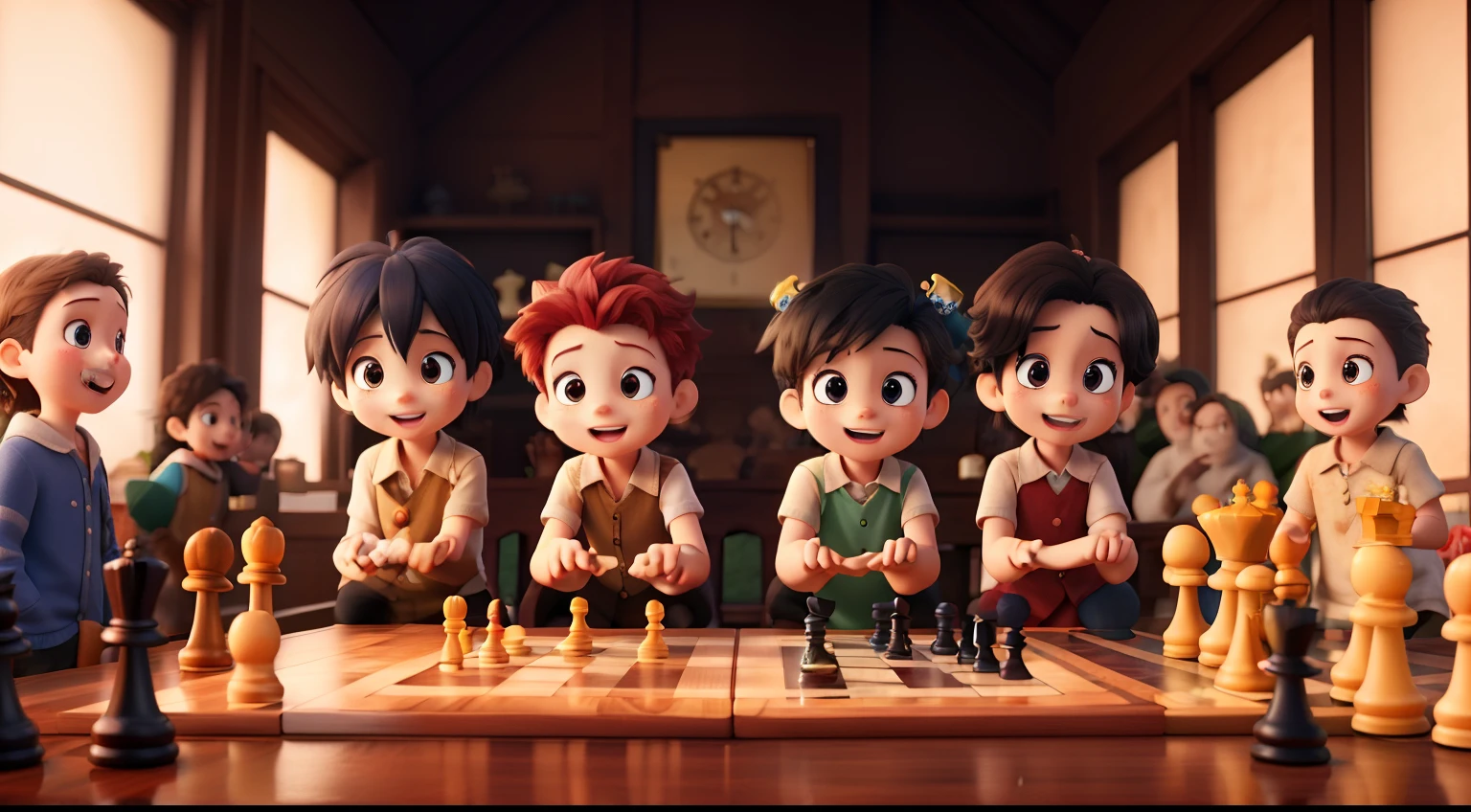 A group of anime-style children cheering with chess pieces and a floating 'Subscribe' button ((best quality)), ((masterpiece)), (detailed), perfect face