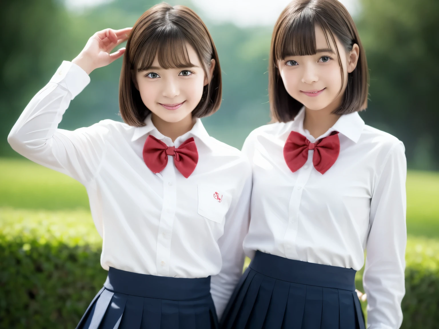 2 girls standing in canola flower field under cherry blossoms,navy blue short-sleeved sailor derss with red bow tie,navy blue pleated skirt,navy blue socks,18-year-old,bangs,a little smile,thighs,knees,ponytail with barrette,from below,front light