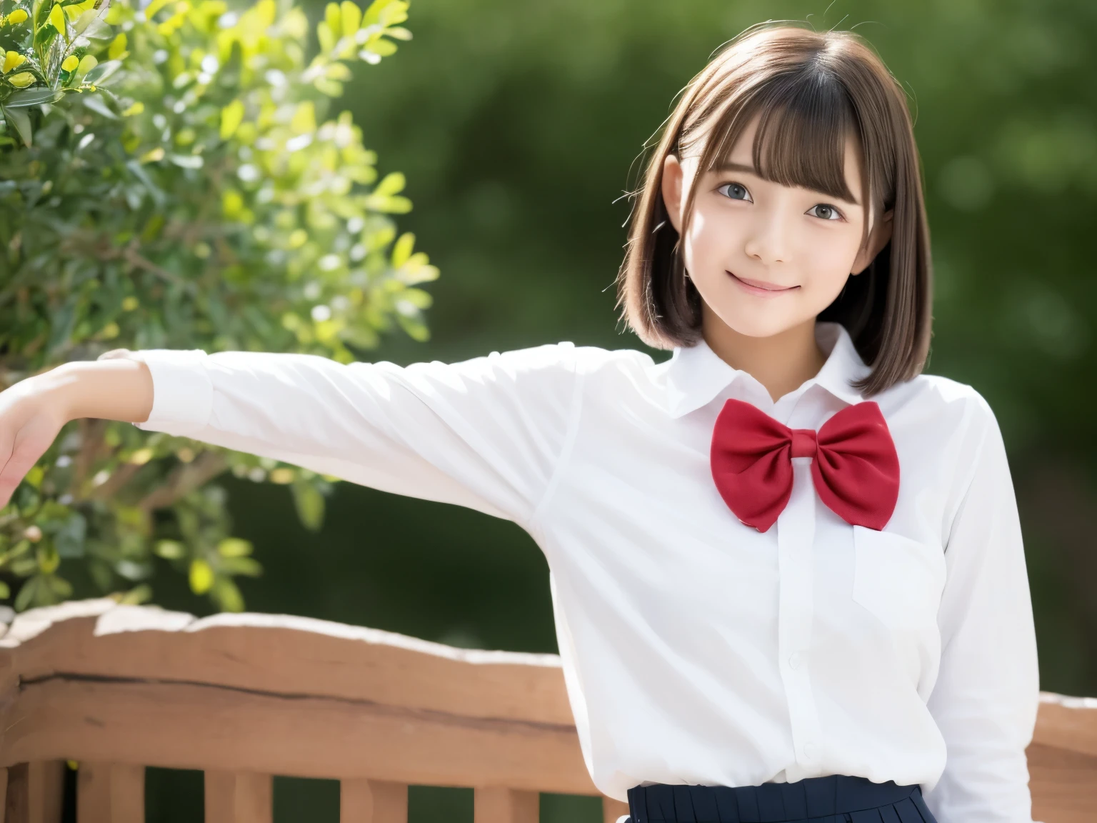 the Extremely Detailed CG Unity 8K Wallpapers、top-quality、ultra-detailliert、​masterpiece、studio shoot、softfocus、Soft atmosphere、realisitic、realisitic、extremely detailed cute girl、独奏、18year old、Japanese rancholi appearance, Brown hair、Long bob cut hair、
(School Uniforms:1.2), (in a white shirt,:1.3), (Red bow:1.pleatedskirt:1.3), School classroom on background、outof focus、