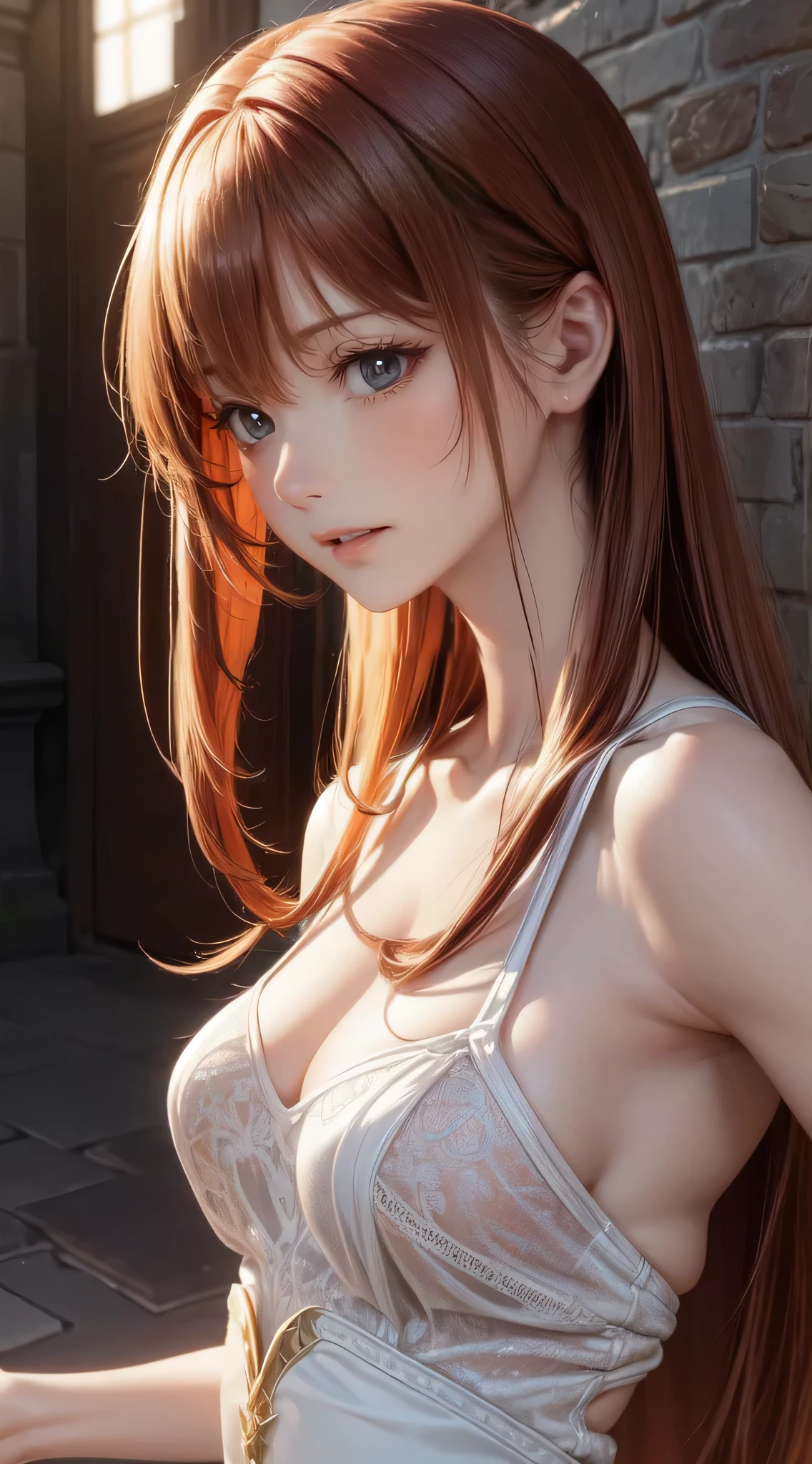 Looking back,Fighting stance,(Cinematic scene,Fantasy Art,Highest image quality,hyperrealistic portrait,(8K),Ultra-realistic,Best Quality,High quality,High Definition,high quality texture,high detailing,Beautiful detailed,fine detailed,extremely details CG,Detailed texture,realistic representation of face,masutepiece,presence,Dynamic,Bold),1gir,Ultra detailed skin,Curve,Petite,Beautiful breasts,Large breasts,pale skin,pointed breast,Erect nipples,(Thin hair),(Soft hair),(ultra straight hair),Swept long bangs,very light coppery amber hair,Hair over one eye,NSFW,Yuri,(Pornographic Images),Knitted Dresses