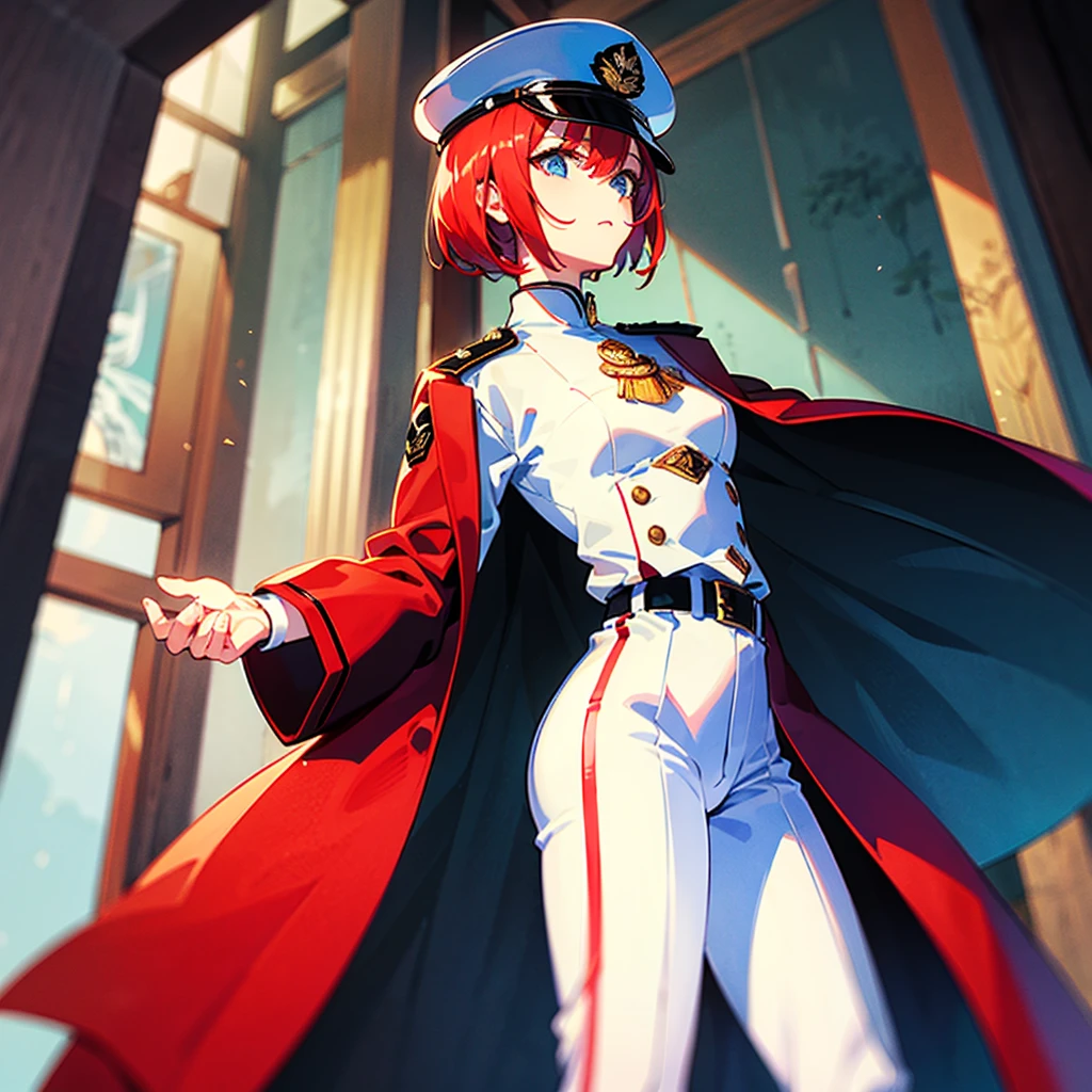 (((masterpiece)))、(((Top image quality)))、(((top-quality)))、(Illustration of one woman)、30-years old、(Viceroy)、((Red-haired shorthair))、(Thin hair hanging down both sides of the face)、Blue eyes、((Tall))、((Muscle Woman、stocky build、muscular legs、broad shoulders、solid chest))、((Military uniforms))、((Military Cap))、((Military coat))、(white clothes)、(White pants)、(White cap)、trench coat、((kosmos船の中))、(Outside the window、kosmos、kosmosから見た地球、kosmos港)
