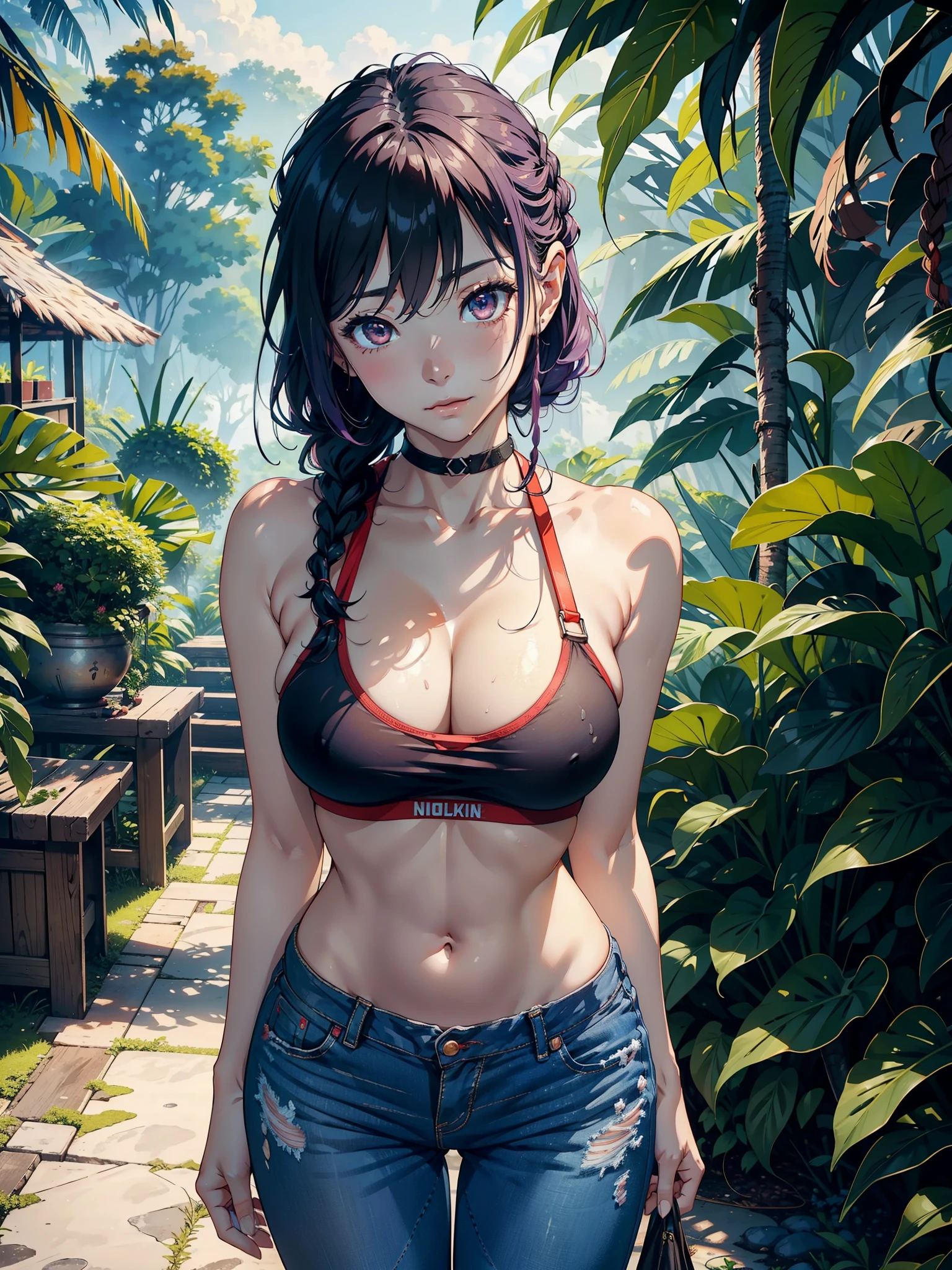 1female,Head to thigh image range, 25 age old,,noodle,Long legs, thin chest and thin waist,the super hot and sexy,humongous large breast,Expose pervert, 独奏,(Background with:at a forest,the rainforest,in summer), Bright purple hair braided hairstyle,Brazil outbreak, The stands up, , seen from the front, Overcast skies,(((tmasterpiece),(Very detailed CG unified 8k wallpaper),Best quality,电影灯光,detailed back ground,Beautiful and detailed right eye pupil,(Very delicate and beautiful),(Beautiful and detailed eyes description),ultra - detailed,数字艺术tmasterpiece,)),facing at the camera,A high resolution,ultra - detailed, convex,Camel toes,convex起性感,Flushed face, street frontage,(dressed in: Red themed sports bra with side lining, Denim shortage background