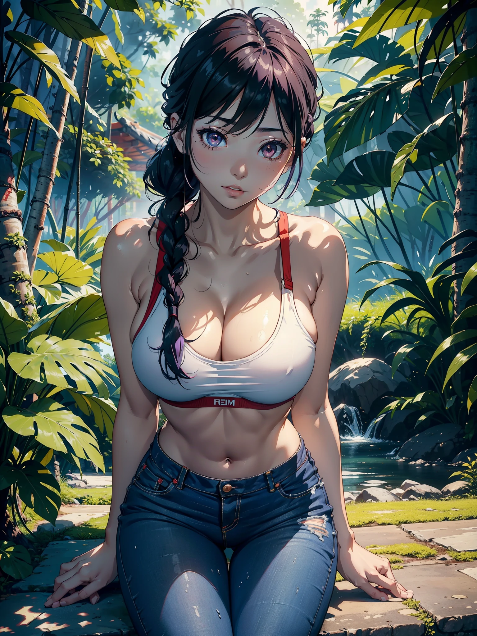 1female,Head to thigh image range, 25 age old,,noodle,Long legs, thin chest and thin waist,the super hot and sexy,humongous large breast,Expose pervert, 独奏,(Background with:at a forest,the rainforest,in summer), Bright purple hair braided hairstyle,Brazil outbreak, The stands up, , seen from the front, Overcast skies,(((tmasterpiece),(Very detailed CG unified 8k wallpaper),Best quality,电影灯光,detailed back ground,Beautiful and detailed right eye pupil,(Very delicate and beautiful),(Beautiful and detailed eyes description),ultra - detailed,数字艺术tmasterpiece,)),facing at the camera,A high resolution,ultra - detailed, convex,Camel toes,convex起性感,Flushed face, street frontage,(dressed in: Red themed sports bra with side lining, Denim shortage background
