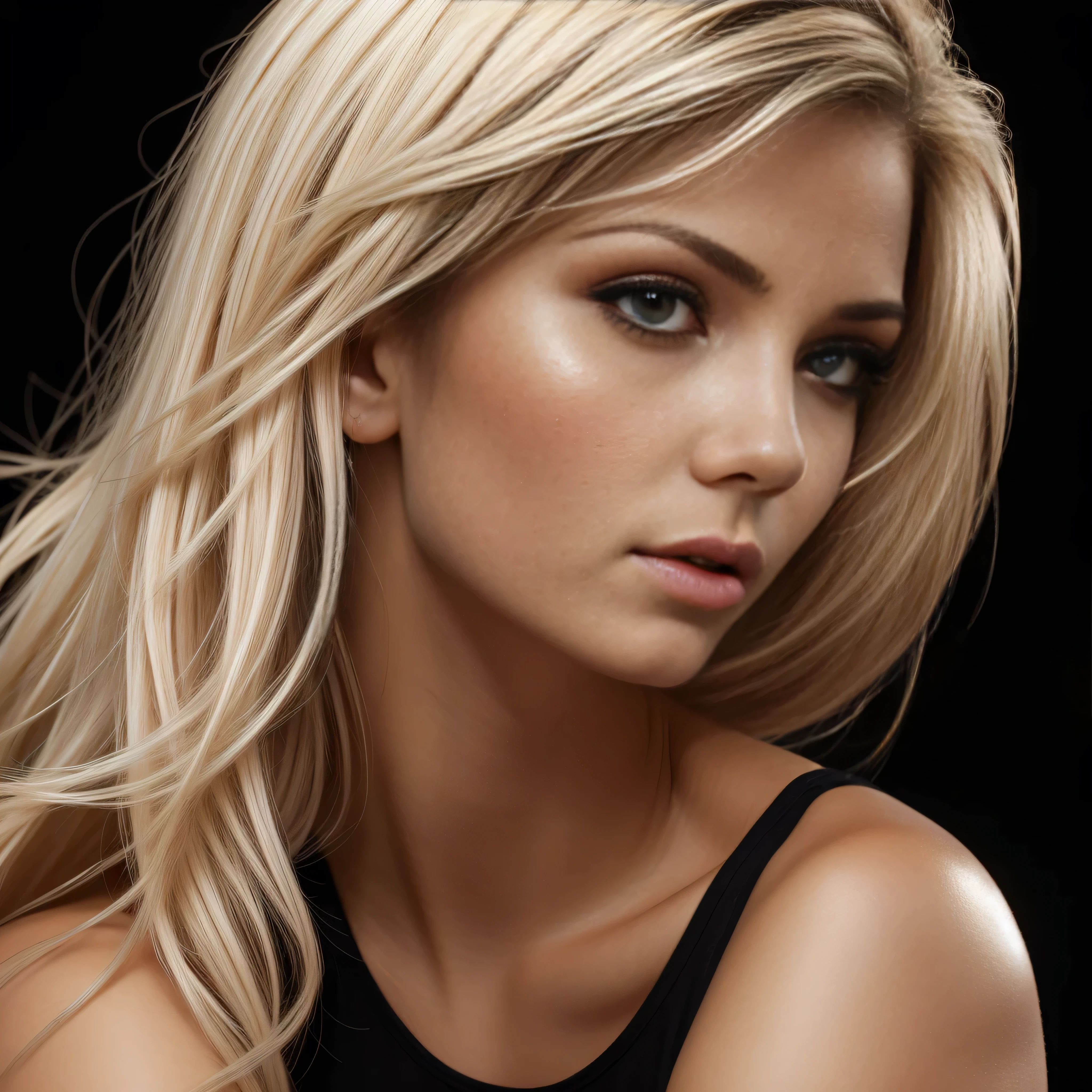 Front bodyshot of 25yo European woman, pointing at camera, blonde hair, serious, (amazing skin detail: 1.4), (natural skin: 1.2), (pores: 0.6), makeup, (detailed eyes: 1.2), black background, studio, light border, dark atmosphere, (bokeh: 1.2), photography, cinematic, photorealistic, ultrarealistic, fit girl, skintight dress, perfect figure