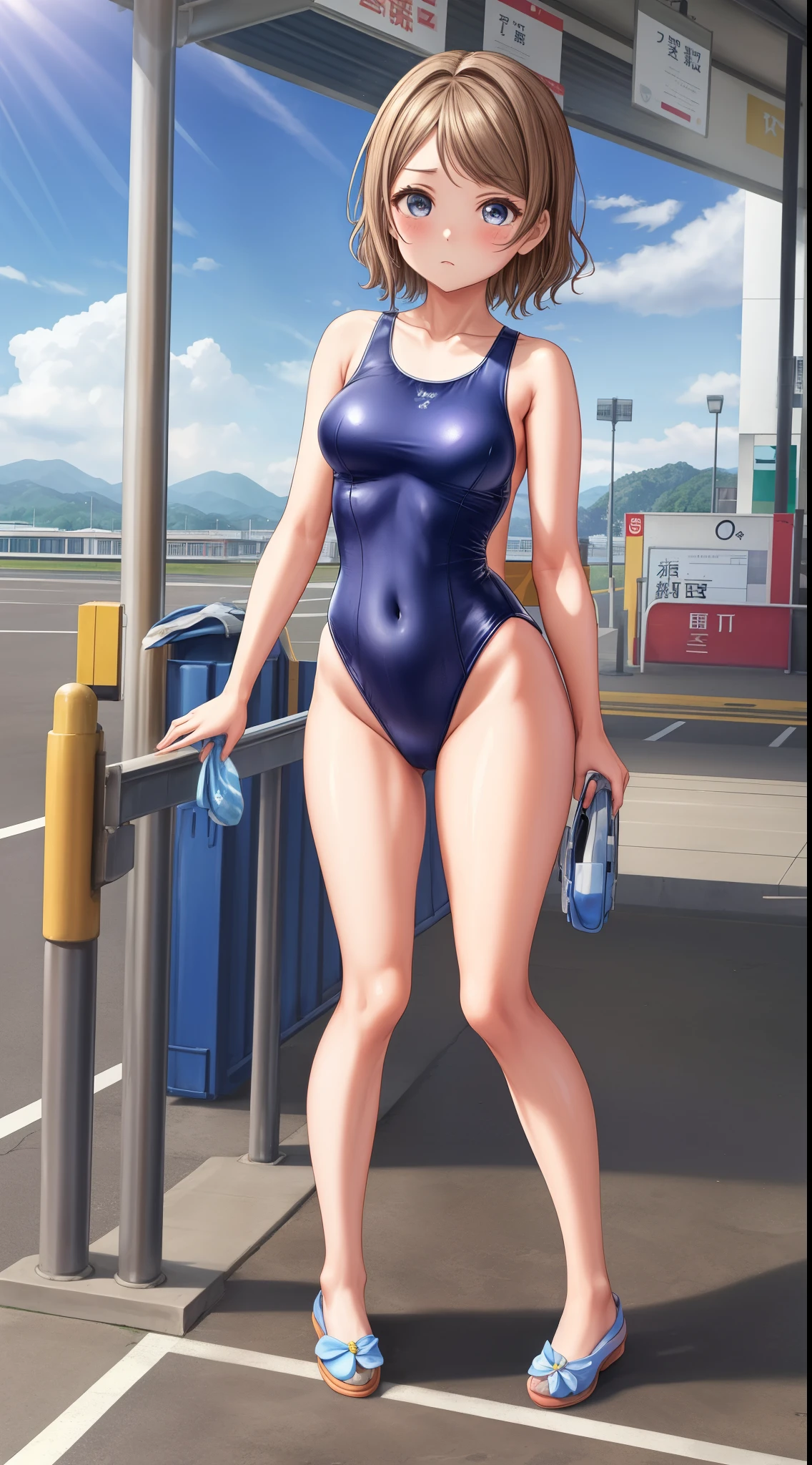 (Masterpiece)), 8k wallpaper,solo, Watanabe you, Standing, bus station,slipper, wearing only a basic swimsuit and pumps, The shoulder area of the swimsuit is a tank top type without decoration, The waist of the swimsuit is a high-cut leotard type The surface of the swimsuit is slippery.