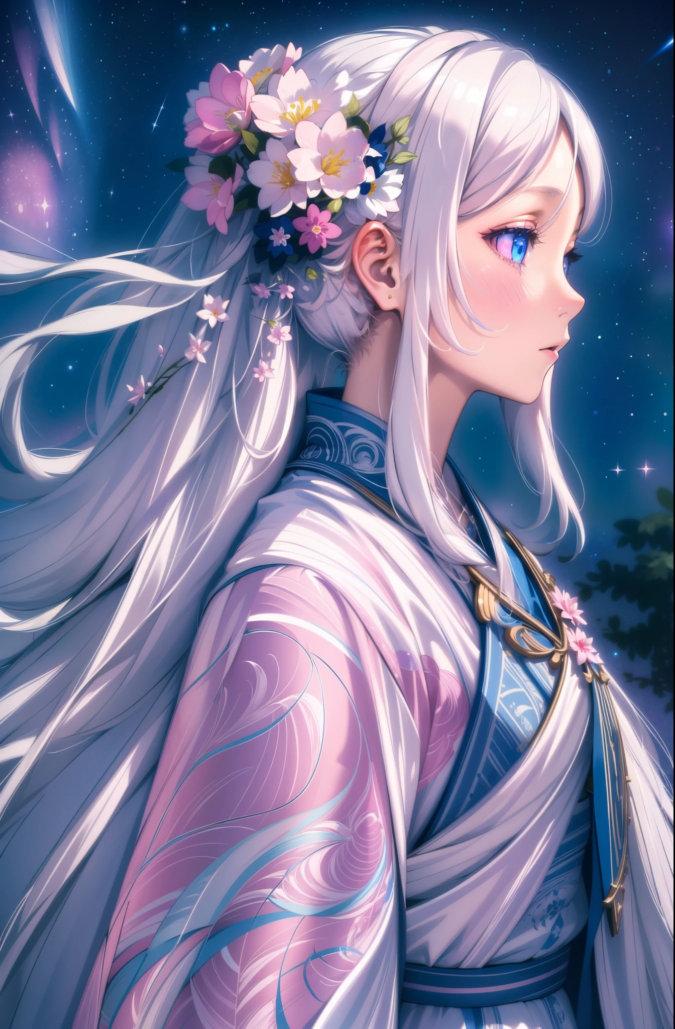 extremely intricate, masterpiece, Best quality, award winning, 8K，1girl, ((long white hair)), (pink flower), (blue eyes), night sky, shooting star, starry sky, colorful cloth