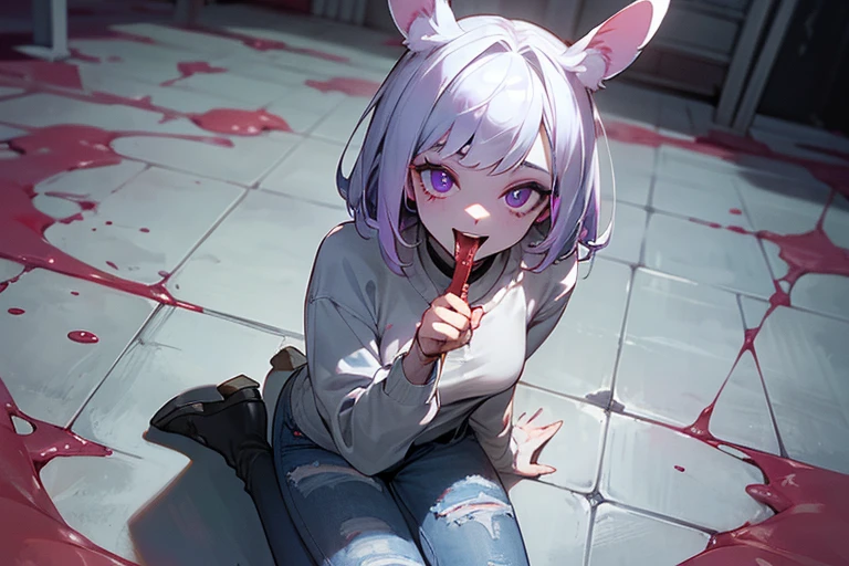 ((Masterpiece)), ((pale skin)), (bokeh effect), (Dynamic Angle),((Masterpiece)), (high definition:1.3), Beautiful,(Masterpiece), 8K, From directly above, wideshot, super detaill, Realistic, Beautiful photo, Textured skin, Cinematic lighting,(beautiful medium bob、Black rabbit ears、 oversized sweatshirt、Blood flow, Ripped short denim pants、very glowing purple eyes 、crazy eyes)、(the floor is wet from a large pool of blood、Sit on the ground、holding a knife in his hand、Creepy and inorganic white concrete room)((Masterpiece))、blusher、Big purple eyes, open your mouth wide and smile madly、Cute Beautiful Girl,