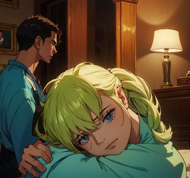 a couple in a dimly lit room where the lady is bored to the man
