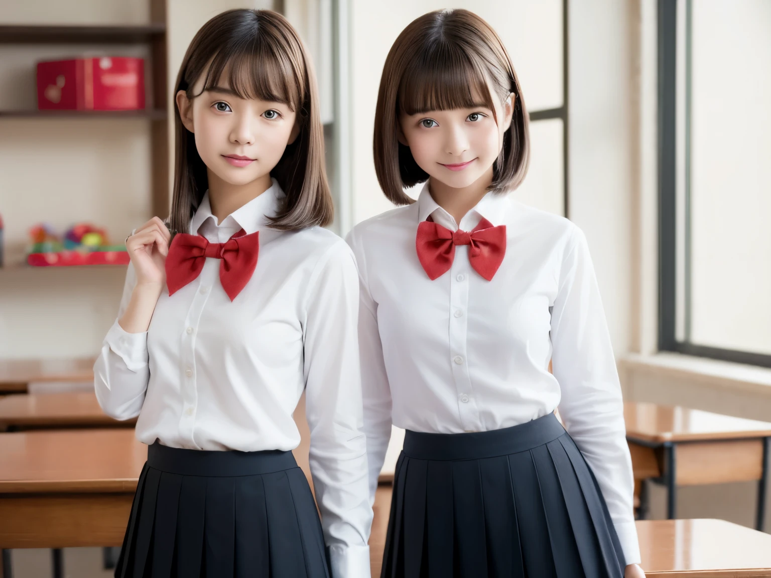 the Extremely Detailed CG Unity 8K Wallpapers、top-quality、ultra-detailliert、​masterpiece、studio shoot、softfocus、Soft atmosphere、realisitic、realisit highly detailed cute girl、独奏、18year old、Rancholi appears, Brown hair、Long bob cut hair、
(School Uniforms:1.2), (in a white shirt,:1.3), (Red bow:1.pleatedskirt:1.3), School classroom on background、outof focus、