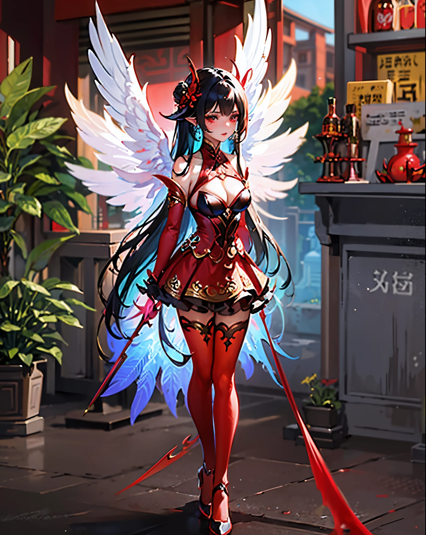 Close-up of a person in a red dress with wings, full-body xianxia, succubus in tight short dress, fantasy outfit, infernal nymph!!!, ne zha from smite, inspired by Pu Hua, fuchsia skin below the armor, alluring mesmer woman, aion, spellcasting pose, complex costume ,nsfw