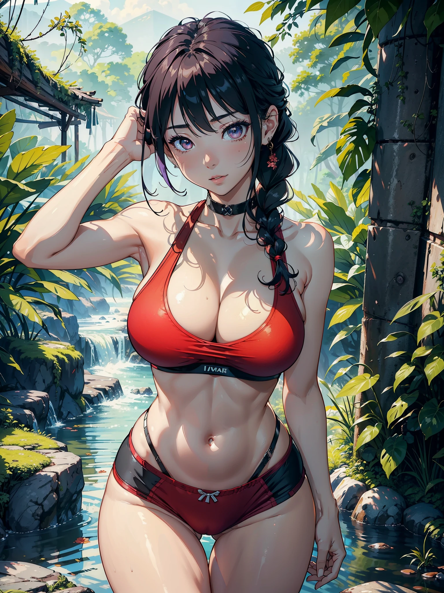 1female，Head to thigh image range, 25 age old，，noodle，Long legs, thin ????? and thin waist，the super hot and ????，humongous large ??????，Expose pervert， 独奏，（Background with：at a forest，the rainforest，in summer), Bright purple hair braided hairstyle，Brazil outbreak, The stands up, , seen from the front， Overcast skies，（（（tmasterpiece），（Very detailed CG unified 8k wallpaper），Best quality，电影灯光，detailed back ground，Beautiful and detailed right eye pupil，（Very delicate and beautiful），（Beautiful and detailed eyes description），ultra - detailed，数字艺术tmasterpiece，）），facing at the camera，A high resolution，ultra - detailed, convex，Camel toes，convex起性感，Flushed face, street frontage，（dressed in: Red themed sports bra with side lining, Denim shortage background