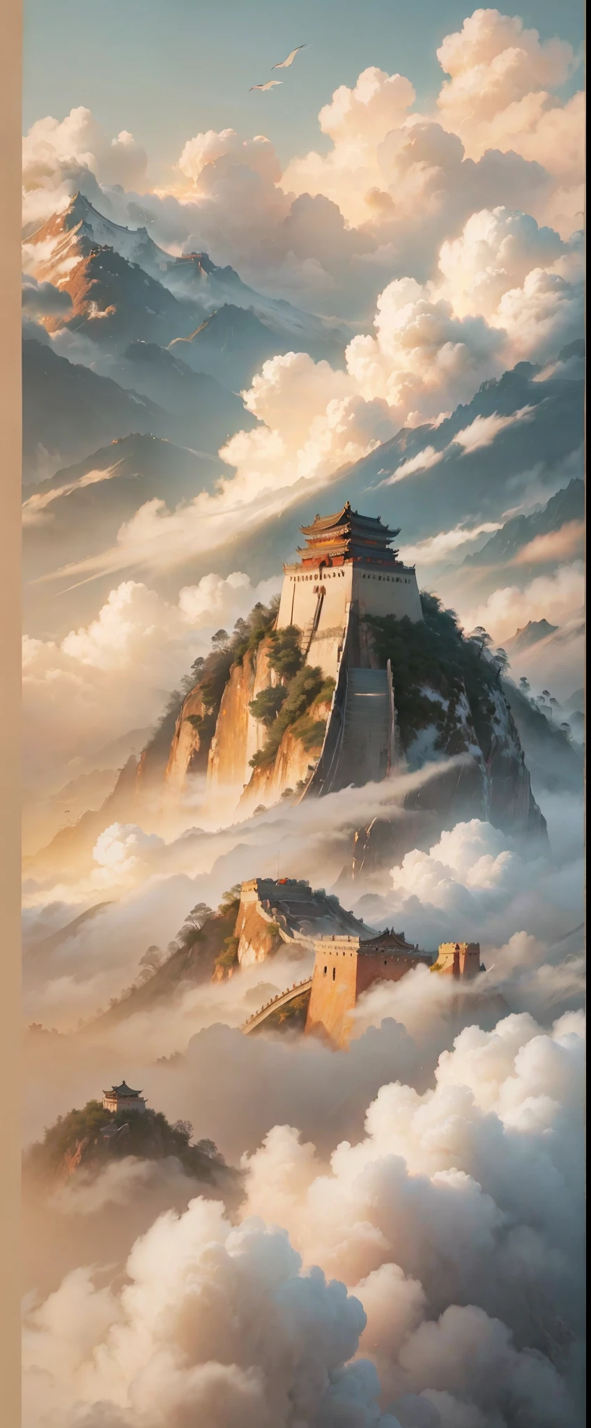 China ink painting,ink,Great Wall of China,Cloud fog,The beauty of ancient poetry,the setting sun,Wild geese in the sky in the distance,