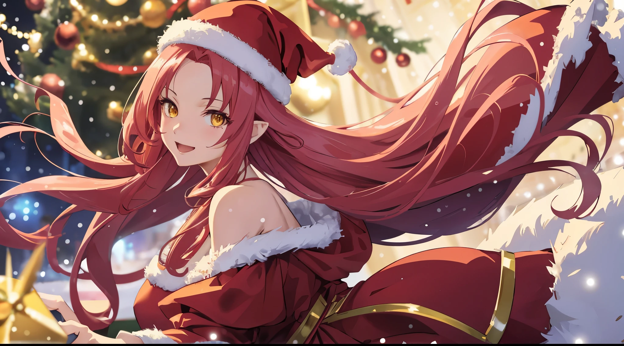 Masterpiece, best quality. 1 Anime lady ( woman), Solo, (Look at viewers) . Happy looks. She wearing off shoulder red Christmas dress, Christmas Hat. She have long pink hair, with parted bangs showing her forehead. Floating hair. Cinematic light. Background Christmas Tree (Blurry). Snowing. Yellow Eyes glowing.