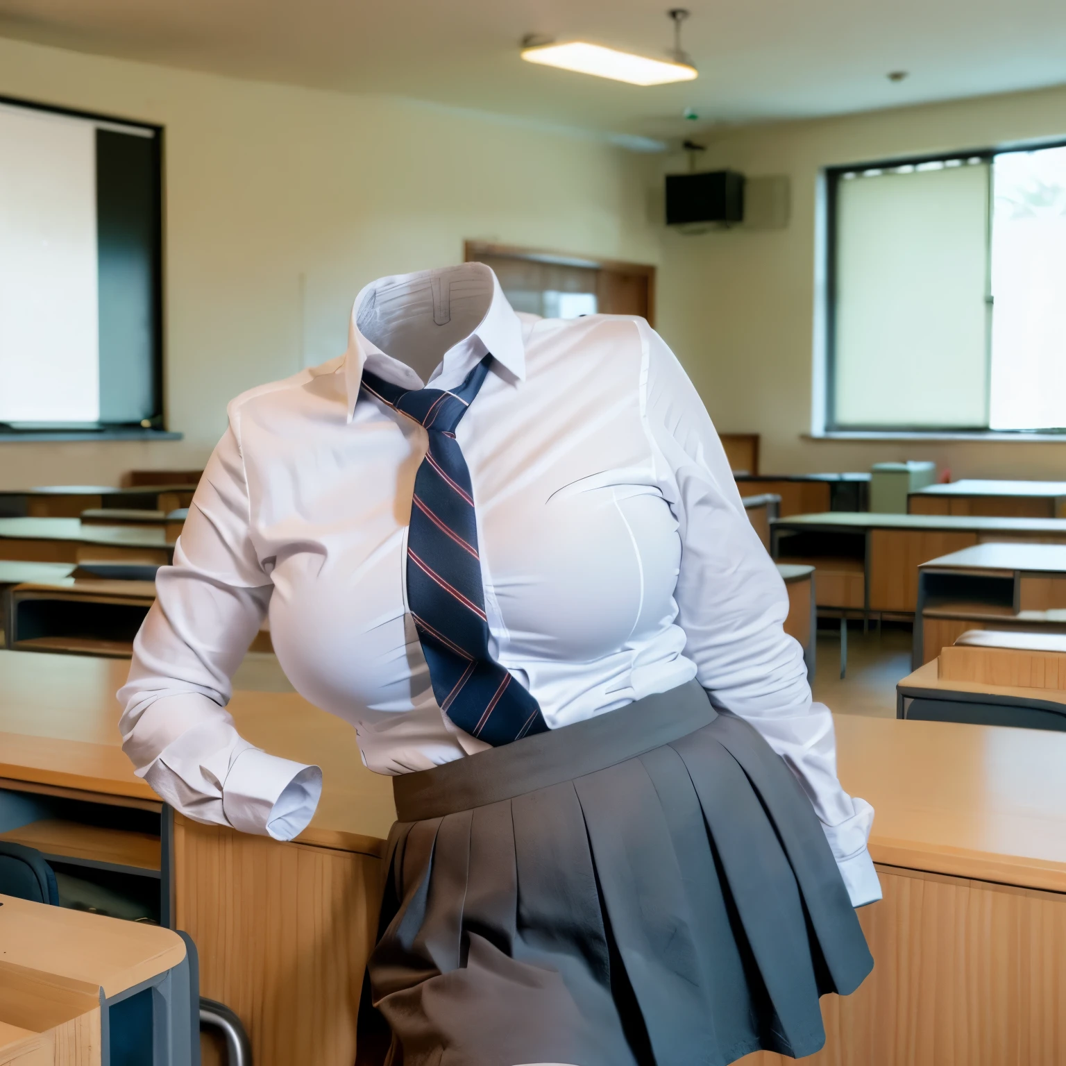 chubby, fat, (two girls are best friends in classroom), stripe school tie, school uniform in winter, __expression__, (invisible, no humans, headless, faceless:1.2), cute big breasts, (8k, RAW photo, best quality, masterpiece:1.2), (realistic, photo-realistic:1.37), photon mapping, radiosity, ((Hasselblad photography)), physically-based rendering