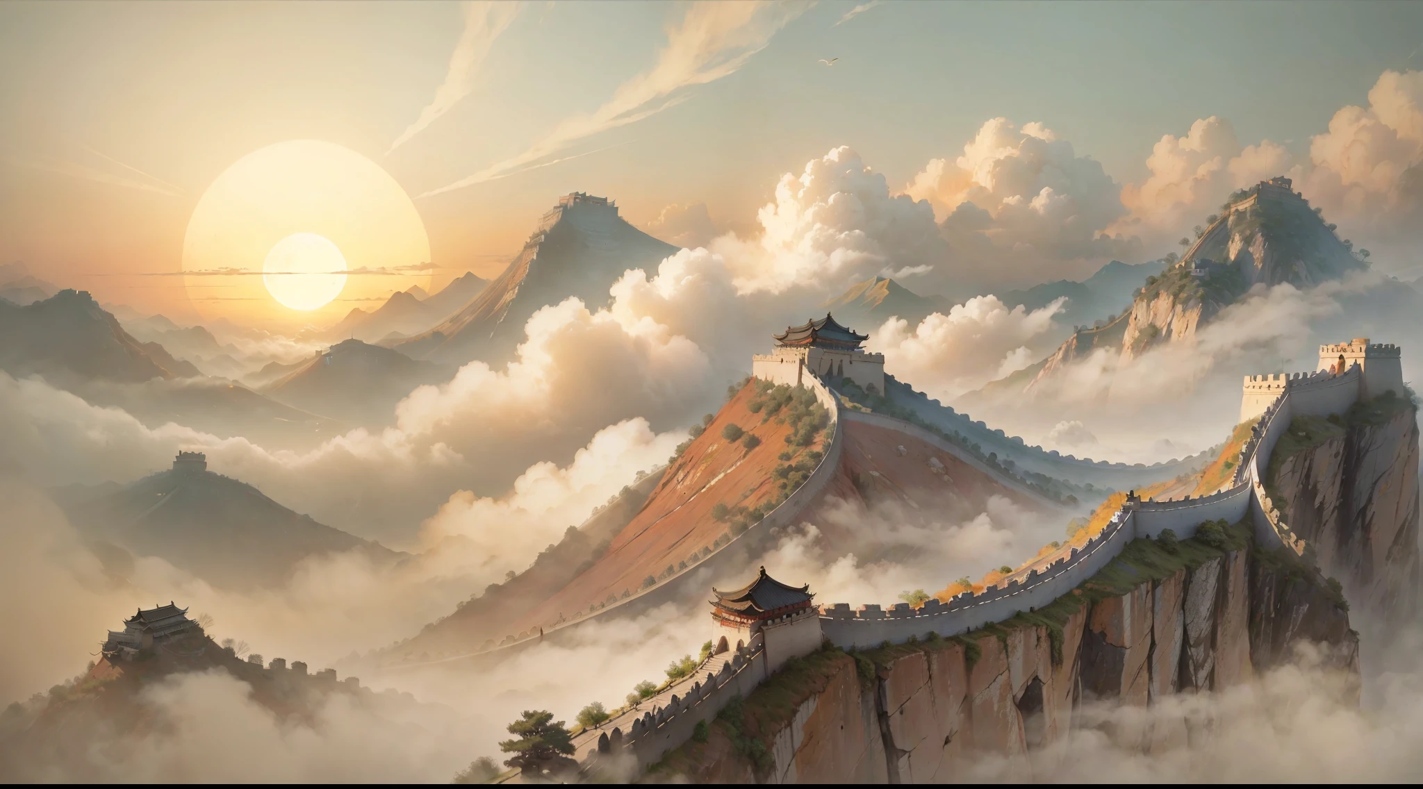 China ink painting，ink，The Great Wall of China，Cloud fog，The beauty of ancient poetry，the setting sun，Wild geese in the sky in the distance，Ancient buildings are well-proportioned