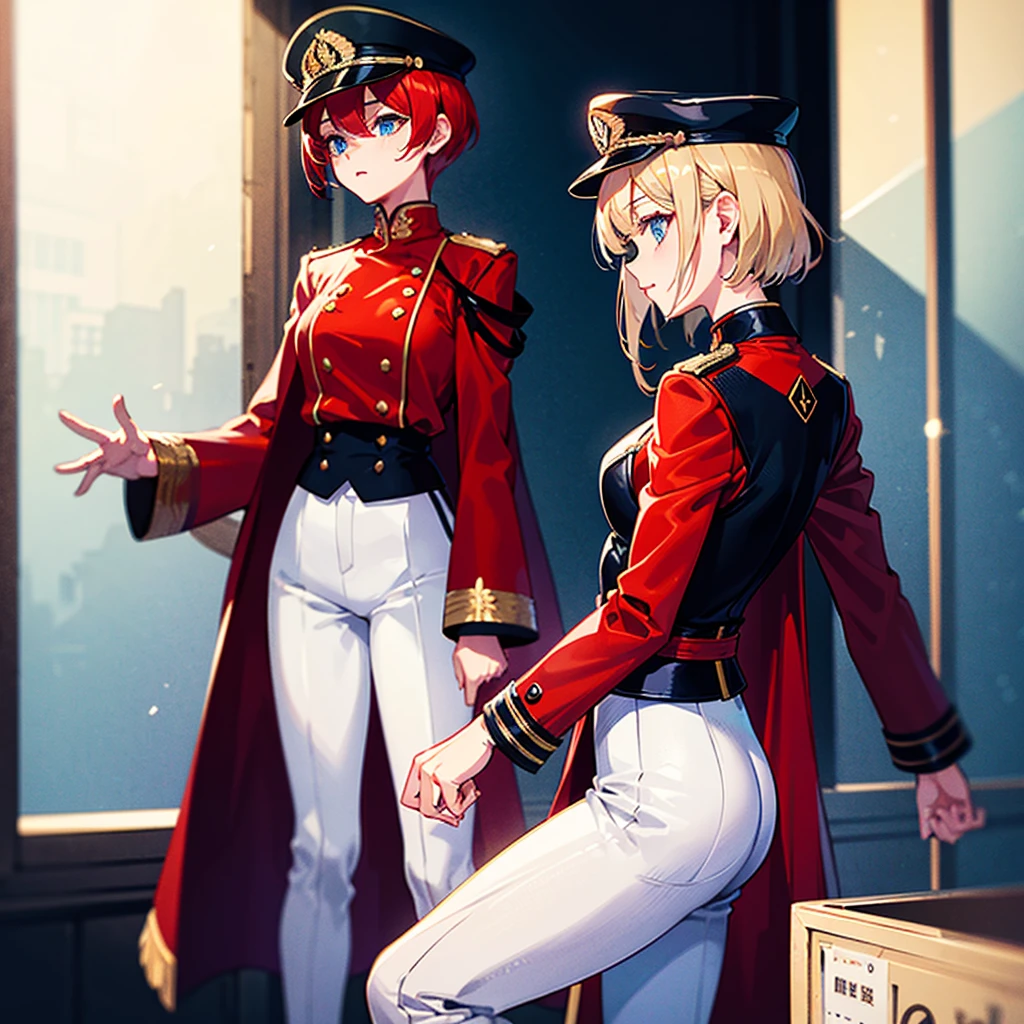 (((masterpiece)))、(((Top image quality)))、(((top-quality)))、(Illustration of one woman)、30-years old、(Viceroy)、((Red-haired shorthair))、(Thin hair hanging down both sides of the face)、Blue eyes、((Tall))、((Muscle Woman、stocky build、muscular legs、broad shoulders、solid chest))、((Military uniforms))、((Military Cap))、((Military coat))、(white clothes)、(White pants)、(White cap)、trench coat、((kosmos船の中))、(Outside the window、kosmos、kosmosから見た地球、kosmos港)