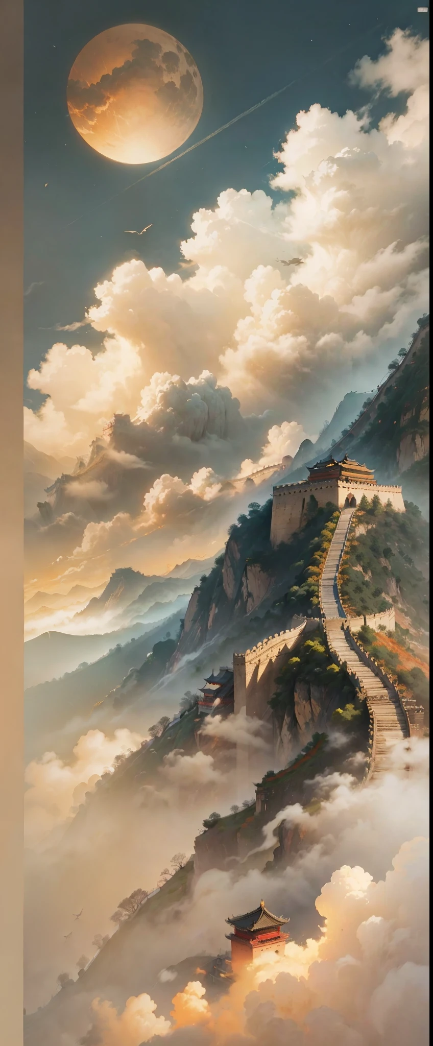 China ink painting，ink，The Great Wall of China，Cloud fog，The beauty of ancient poetry，the setting sun，Wild geese in the sky in the distance，