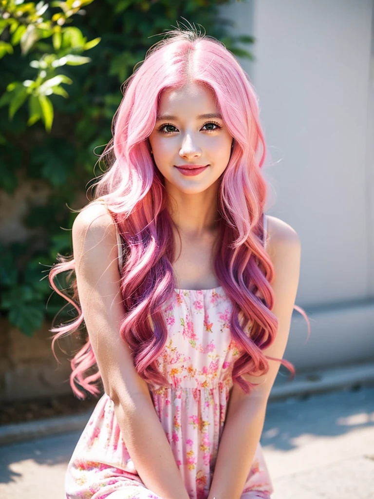 girl, vibrant pink hair, long hair, makeup, dress