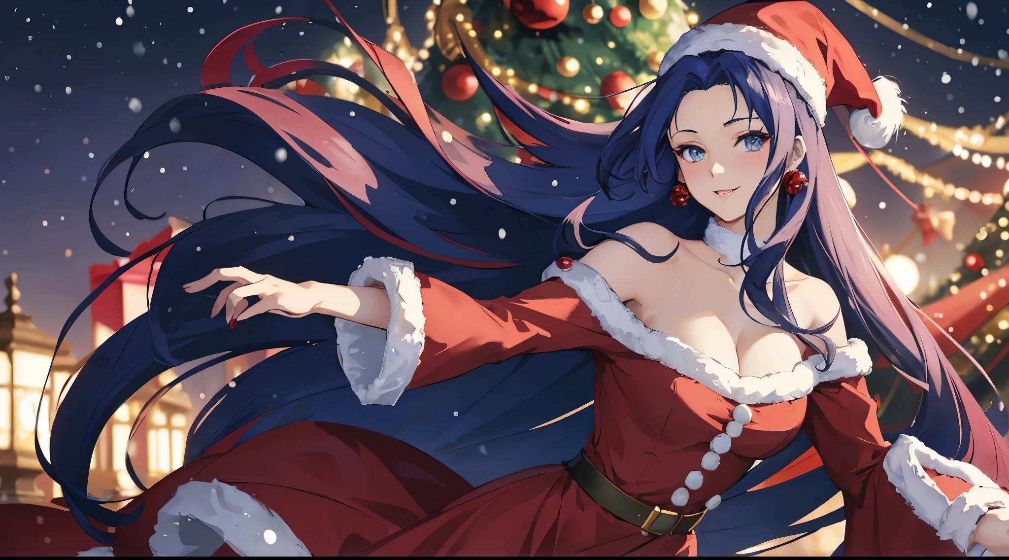 Masterpiece, best quality. 1 Anime lady ( woman), Solo, (Look at viewers) . Happy looks. She wearing off shoulder red Christmas dress, Christmas Hat. She have long deep blue hair, with parted hair showing her forehead. Floating hair.  Cinematic light. Background Christmas Tree (Blurry). Snowing. Grey Eyes glowing.