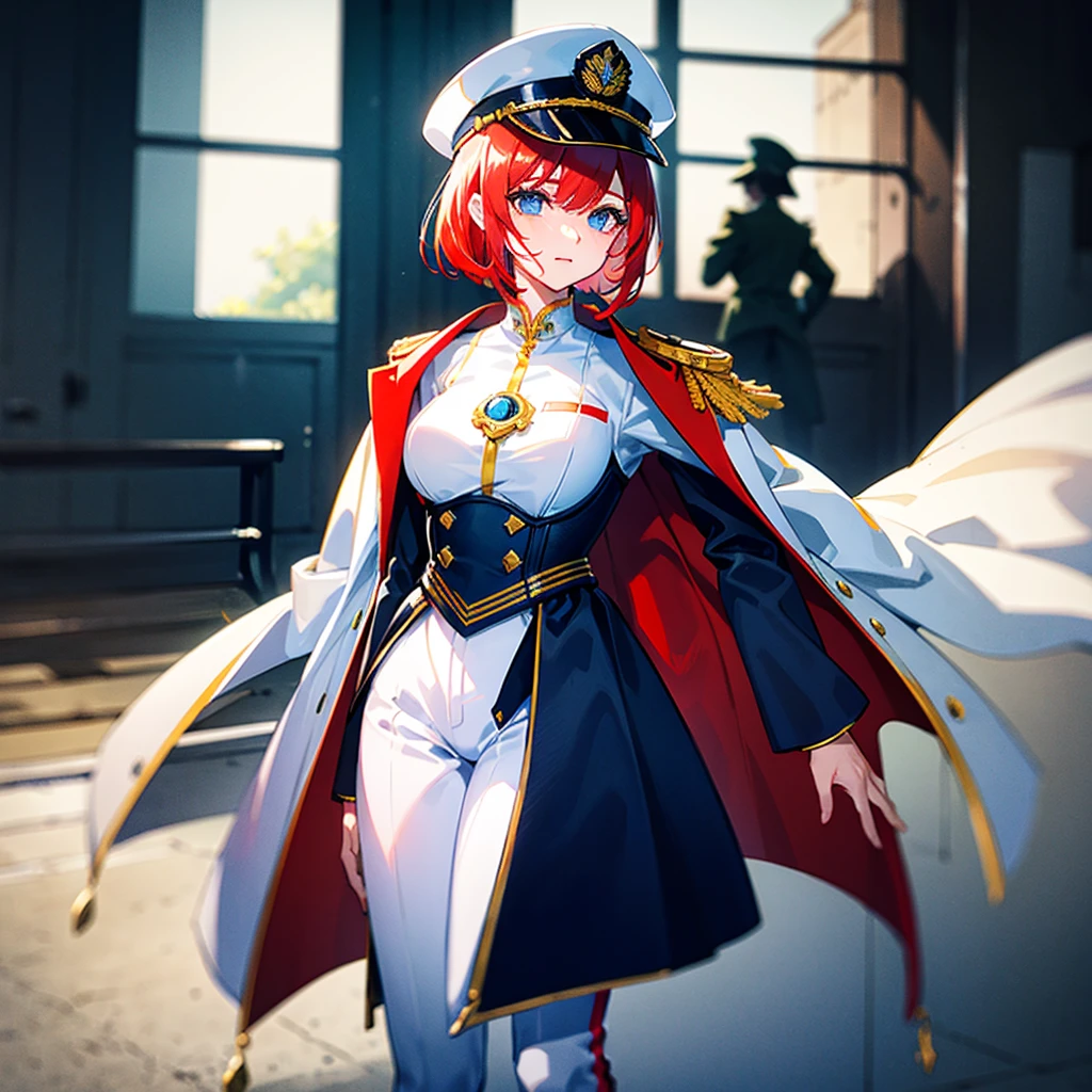 （（（​masterpiece）））、（（（Top image quality）））、（（（top-quality）））、（Illustration of one woman）、30-years old、（Viceroy）、（（Red-haired shorthair））、（Thin hair hanging down both sides of the face）、Blue eyes、（（Tall））、（（Muscle Woman、stocky build、muscular legs、broad shoulders、solid chest））、（（Military uniforms））、（（Military Cap））、（（Military coat））、（white  clothes）、（White pants）、（White cap）、trench coat、（（kosmos船の中））、（Outside the window、kosmos、kosmosから見た地球、kosmos港）