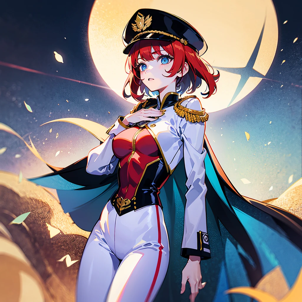 (((masterpiece)))、(((Top image quality)))、(((top-quality)))、(Illustration of one woman)、30-years old、(Viceroy)、((Red-haired shorthair))、(Thin hair hanging down both sides of the face)、Blue eyes、((Tall))、((Muscle Woman、stocky build、muscular legs、broad shoulders、solid chest))、((Military uniforms))、((Military Cap))、((Military coat))、(white clothes)、(White pants)、(White cap)、trench coat、((kosmos船の中))、(Outside the window、kosmos、kosmosから見た地球、kosmos港)