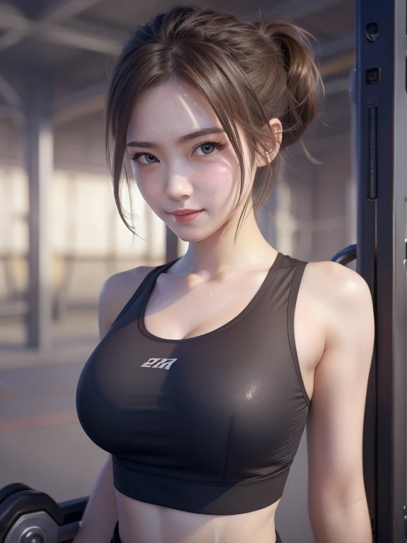 Highly detailed CG Unity 8k wallpaper, of the highest quality, super detailed, masterpiece, Realistic, photographrealistic, extremely detailed cute girl, 18 year old,small tits、cleavage , (get sweaty) , Round eyes, ((Sweaty and slightly see-through ))、viewer, blush, Smile, Parted lips, FULL BODYSHOT , Transparent tank top , Lewd sportswear, squatt, sports gym,japanese