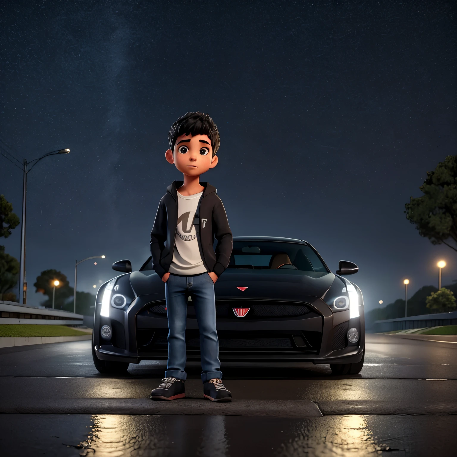 Descreva a cena de um jovem com capuz, wearing a black sweatshirt and jeans, standing on the sidewalk on a rainy night. He is looking at a shiny GTR R35 car passing on the road., Your admiration visible in your eyes. The light from the headlights reflects on the puddles of water around you, enquanto a chuva cai suavemente sobre ele. O som do motor potente ecoa no ar, misturando-se ao som da chuva. The boy remains motionless, captured by the elegance and speed of the car, dreaming of the day when you can be behind the wheel of such an impressive machine.