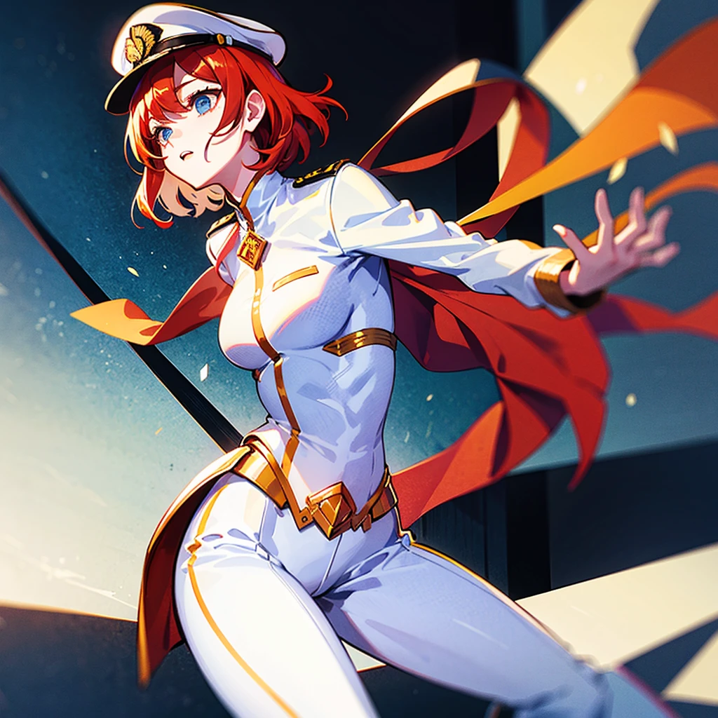 (((masterpiece)))、(((Top image quality)))、(((top-quality)))、(Illustration of one woman)、30-years old、(Viceroy)、((Red-haired shorthair))、(Thin hair hanging down both sides of the face)、Blue eyes、((Tall))、((Muscle Woman、stocky build、muscular legs、broad shoulders、solid chest))、((Military uniforms))、((Military Cap))、((Military coat))、(white clothes)、(White pants)、(White cap)、trench coat、((kosmos船の中))、(Outside the window、kosmos、kosmosから見た地球、kosmos港)