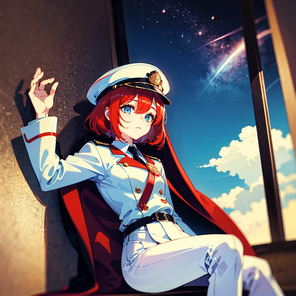 （（（​masterpiece）））、（（（Top image quality）））、（（（top-quality）））、（Illustration of one woman）、30-years old、（Viceroy）、（（Red-haired shorthair））、（Thin hair hanging down both sides of the face）、Blue eyes、（（Tall））、（（Muscle Woman、stocky build、muscular legs、broad shoulders、solid chest））、（（Military uniforms））、（（Military Cap））、（（Military coat））、（white  clothes）、（White pants）、（White cap）、trench coat、（（kosmos船の中））、（Outside the window、kosmos、kosmosから見た地球、kosmos港）