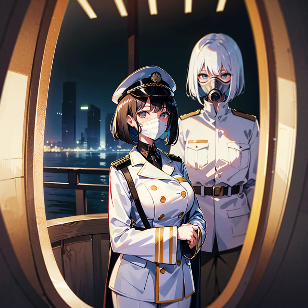 (((masterpiece)))、(((Top image quality)))、(((top-quality)))、(Illustration of one woman)、30-years old、(Viceroy)、Black hair bob cut、((Face covering gas mask))、Gray eyes、((Tall))、((huge tit))、((Military uniforms))、((Military Cap))、((Military coat))、(white clothes)、(White pants)、(White cap)、trench coat、((kosmos船の中))、(Outside the window、kosmos、kosmosから見た地球、kosmos港)