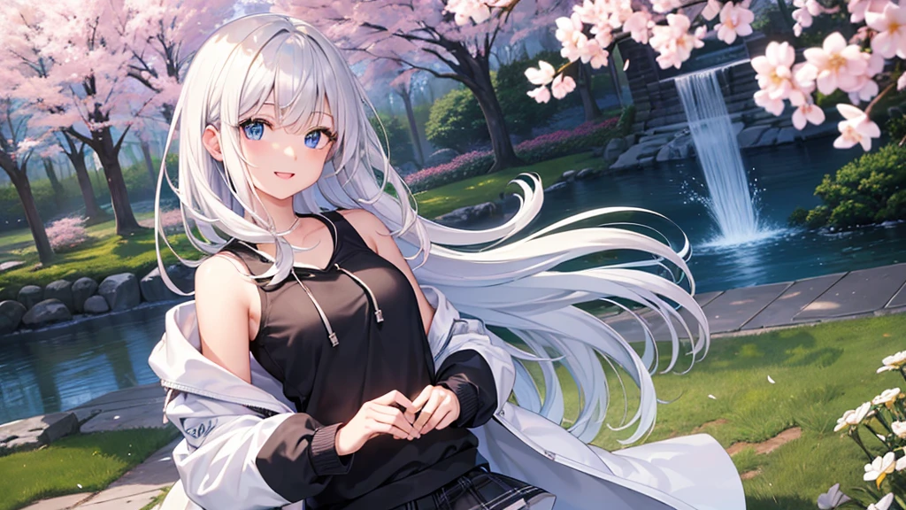Ultra-high image quality,Look at viewers, hands behind back, girl with, 20 years old, Very short hair, long bangs between eyes, blue eyess,Black eyes, Hoodie, Skirt , Extremely detailed,(masterpiece、top-quality),White hair、A smile、Fantastical, Silver hair,, Hoodie, White hoodie,a black skirt,Hair is short,White jacket, Casual style,Open jacket, Cowboy Shot、Fluttering hair、a small face、Bright smile、(Detailed face) ,profetional lighting,fantastic landscape,Blue sky, Sunlight,look down from above,portraitures、open open mouth、facing front、fountain in the forest、flower field、Upper body only、cherry blossoms falling、5 fingers, Beautiful eyes,, Ecstasy, charmed, be smitten with audience,