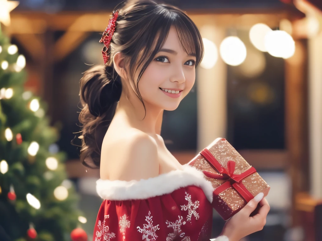 (girl in a beautiful red dress, holding a gift box decorated with ribbons、Standing in front of a beautifully decorated Christmas tree),Illustration,Christmas,Fun atmosphere,Twinkling lights,soft snowflakes fall,Best Quality,4K,Ultra-detailed,Vibrant colors,pine scent,Cozy,romantic,Cheerful,breathtaking scenery,Warmth,Happiness,Magical,Holiday spirit,Winter wonderland,pure love and kindness.、off shoulders、I keep my hair up and short、Face Close-up