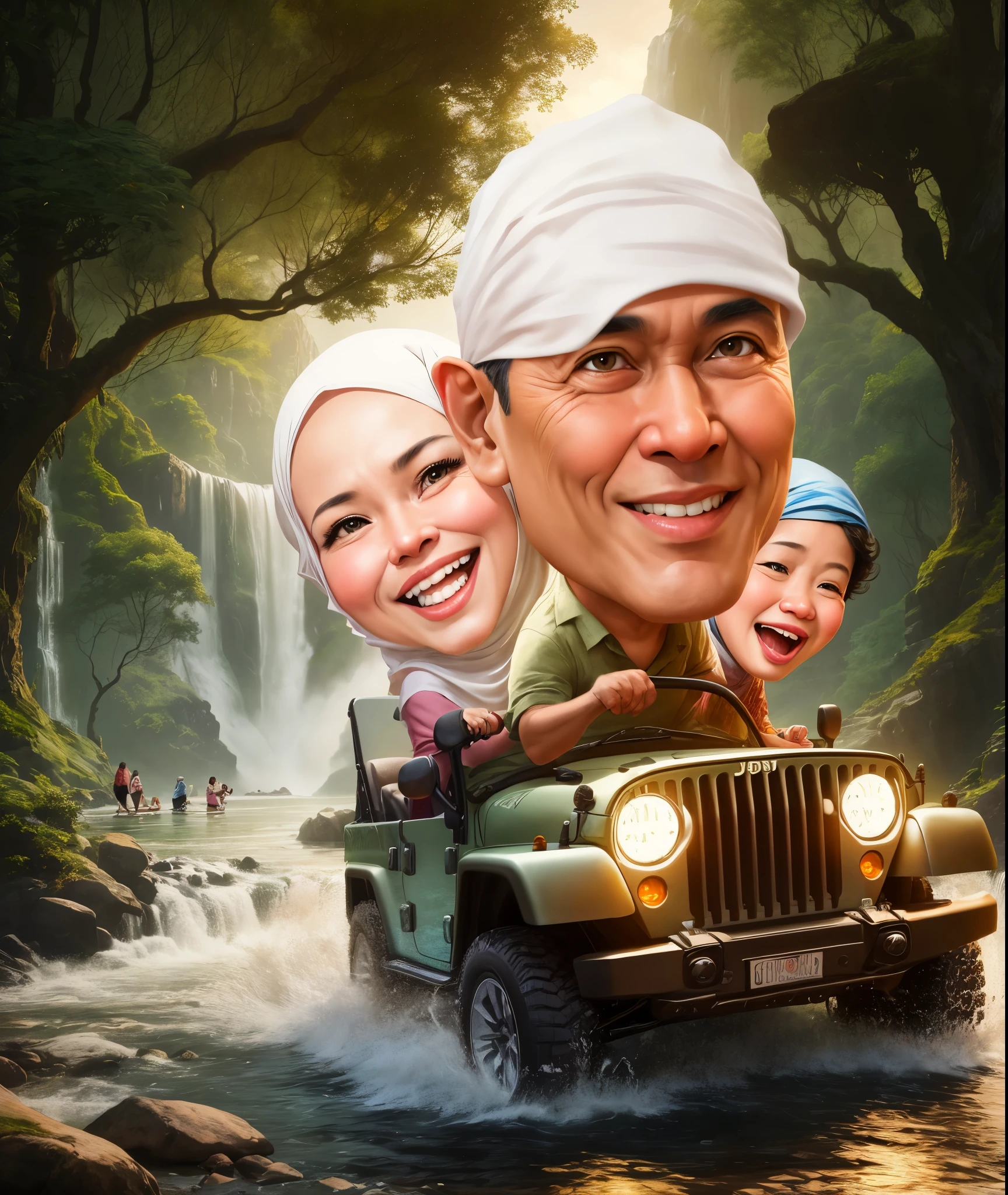 arafed picture of a family in a jeep with a waterfall in the background, Mother wears the hijab, caricature illustration, cartoon digital painting, cartoon art, digital cartoon painting art, cartoon digital art, an indonesian family portrait, caricature style, cartoon artstyle, digital art cartoon, cartoon painting, in cartoon style, cartoon portrait, by Abidin Dino, potrait, happy family