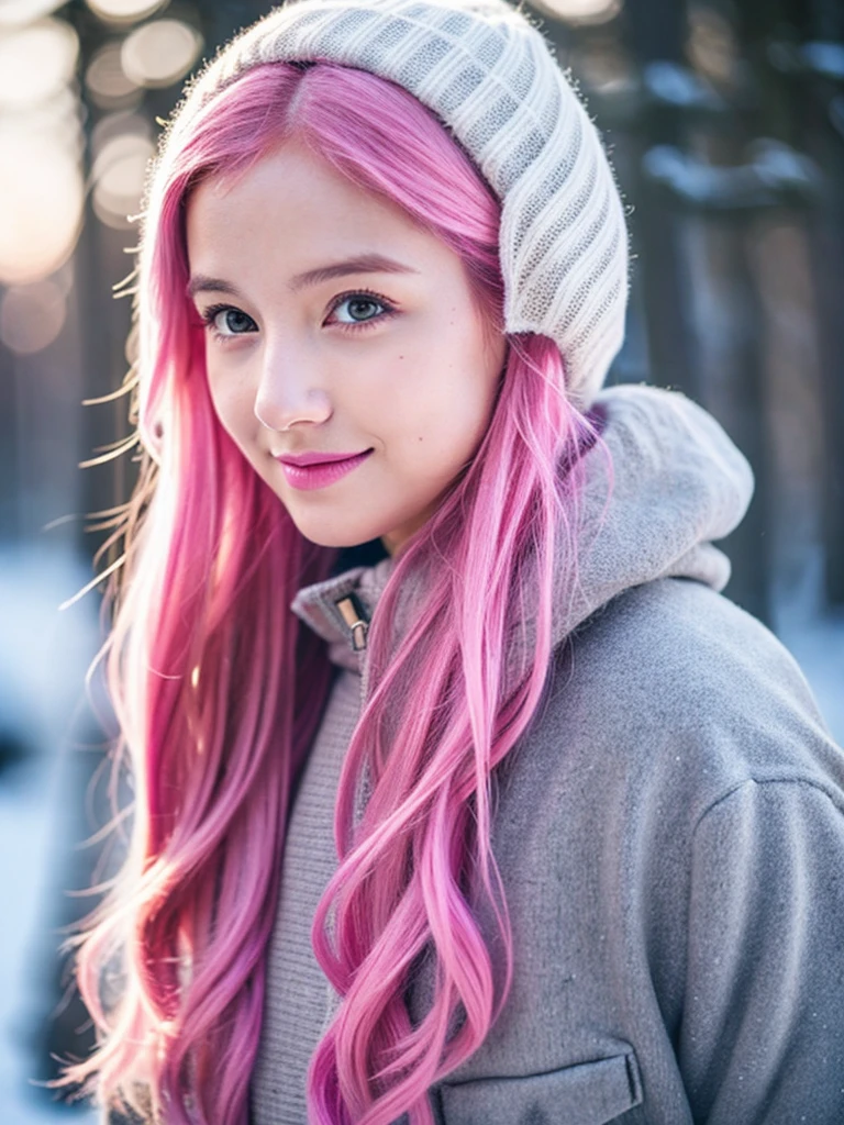 gamer girl, vibrant pink hair, long hair, makeup, winter