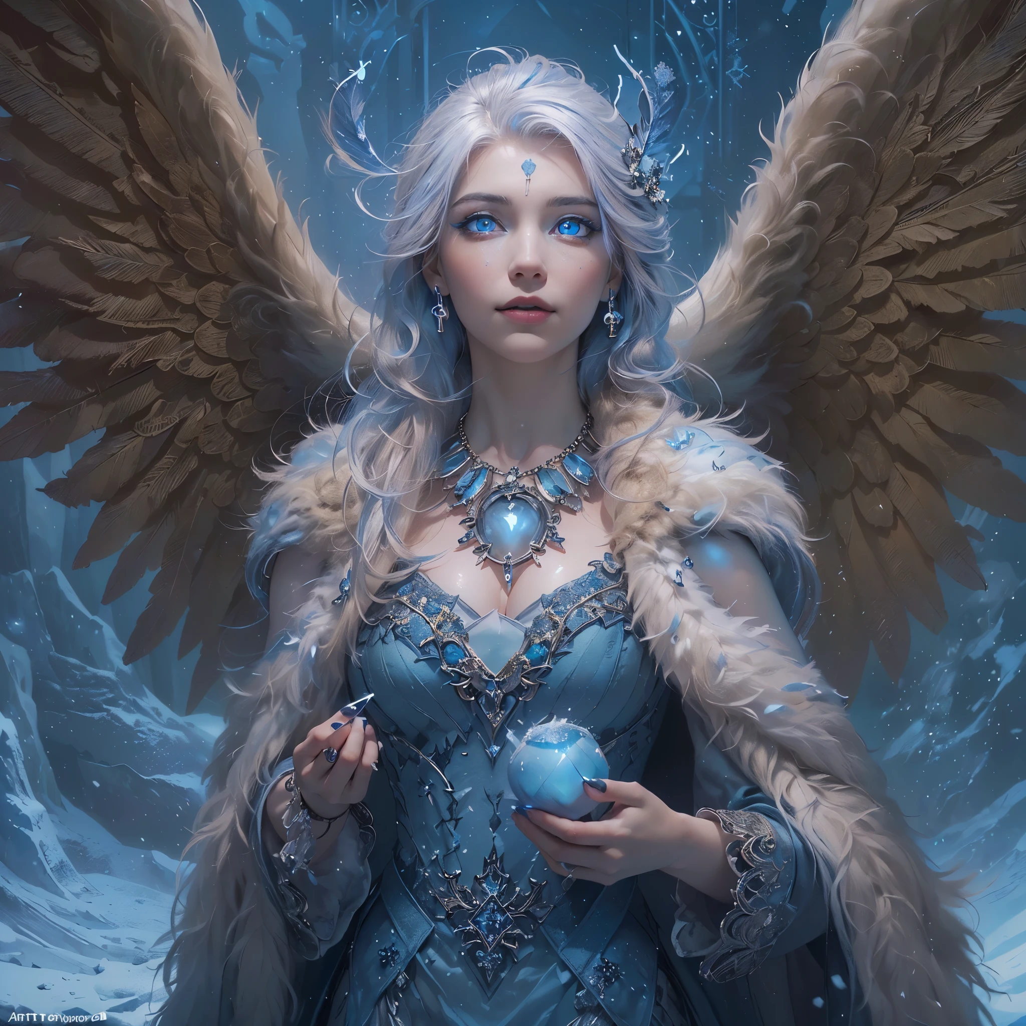 (award-winning masterpiece, incredibly detailed, textured and maximum detail), (hyper realism:1.4), (realism:1.3), (top quality realistic textured skin), (detailed true circle symmetrical eye-catching exquisite face, ((medieval world)), ((Lord demon)), ((Lord frozen (Extreme Cold Devil)), (Eyes burning bright and icy), (She has a mischievous smile), (Eyes glowing blue in the dark: 1.8), (Blue eyes with strong blue light from within: 1.7), ((Snowstorm)), (Dramatic light), (Majestic sight), (Her expression is gentle and beautiful, but somehow terrifying), (large wings with feathers behind shoulders:1.6), snowflake earrings in ears, (dramatic photo:1.7), (seductive pose), ((dramatic pose)), (gorgeous photo), (golden hair), (silver hair), (chestnut hair), short cut hair, (full length portrait:1.7), ((examines)), ((looking down)), ((full-length standing figure)), ((gives full-length standing figure)), (elaborately crafted necklace around her neck), (bioluminescent with brilliant glow:1.1), (uses fancy snow magic:1.2), ((snowflakes)), (luminous magic circle), ancient castle ruins, abandoned ruins, crumbling ruins, glowing majestic cloud mass and sky, lightning, epic realism, fading, art book, (Greg Rutkowski:0.8), (teal and orange:0.4), (art book station:1.5), cinematic, ((neutral colors)), ( Ticker:1.5), (muted colors:1.2), hyperdetailed, dramatic light, (elaborate detail:1.1), complex background, (