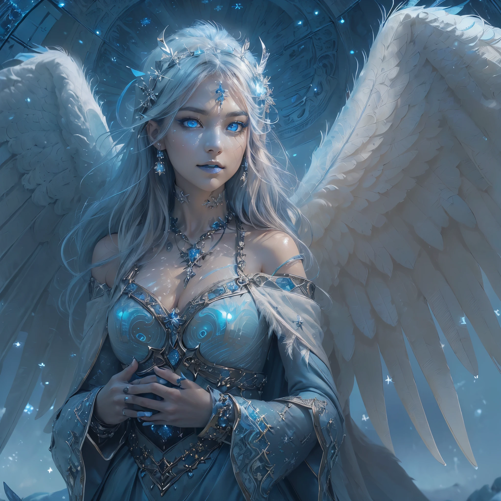 (award-winning masterpiece, incredibly detailed, textured and maximum detail), (hyper realism:1.4), (realism:1.3), (top quality realistic textured skin), (detailed true circle symmetrical eye-catching exquisite face, ((medieval world)), ((Lord demon)), ((Lord frozen (Extreme Cold Devil)), (Eyes burning bright and icy), (She has a mischievous smile), (Eyes glowing blue in the dark: 1.8), (Blue eyes with strong blue light from within: 1.7), ((Snowstorm)), (Dramatic light), (Majestic sight), (Her expression is gentle and beautiful, but somehow terrifying), (large wings with feathers behind shoulders:1.6), snowflake earrings in ears, (dramatic photo:1.7), (seductive pose), ((dramatic pose)), (gorgeous photo), (golden hair), (silver hair), (chestnut hair), short cut hair, (full length portrait:1.7), ((examines)), ((looking down)), ((full-length standing figure)), ((gives full-length standing figure)), (elaborately crafted necklace around her neck), (bioluminescent with brilliant glow:1.1), (uses fancy snow magic:1.2), ((snowflakes)), (luminous magic circle), ancient castle ruins, abandoned ruins, crumbling ruins, glowing majestic cloud mass and sky, lightning, epic realism, fading, art book, (Greg Rutkowski:0.8), (teal and orange:0.4), (art book station:1.5), cinematic, ((neutral colors)), ( Ticker:1.5), (muted colors:1.2), hyperdetailed, dramatic light, (elaborate detail:1.1), complex background, (
