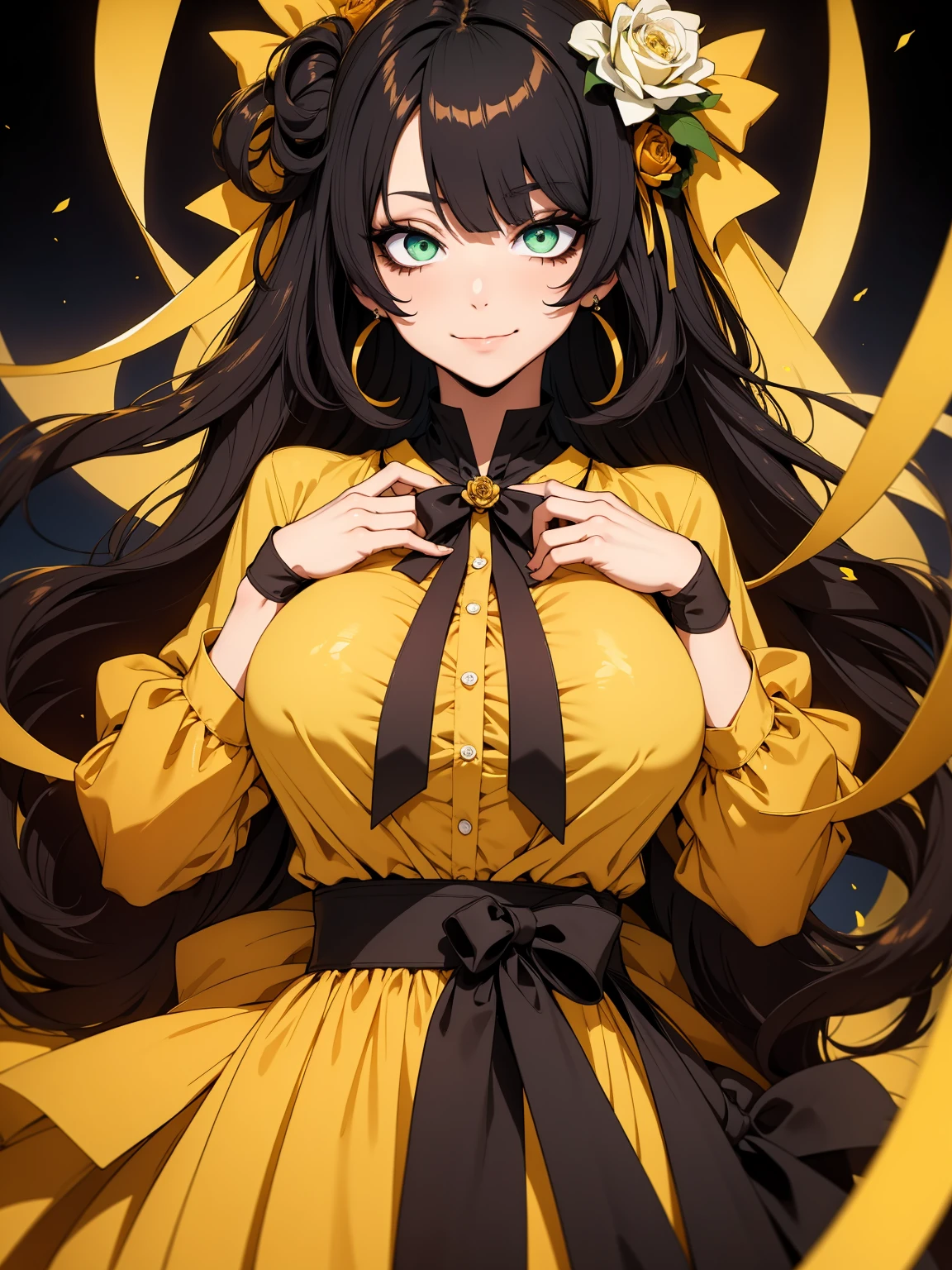 ((masterpiece, best quality)),best aesthetic,1girl, solo, long hair, yellow dress, flower, ribbon, black background, black hair, rose, hair ribbon, green eyes, , large breasts, thick thighs, long sleeves, white rose, closed mouth, erotic smile, black ribbon, upper body, cinematic lighting