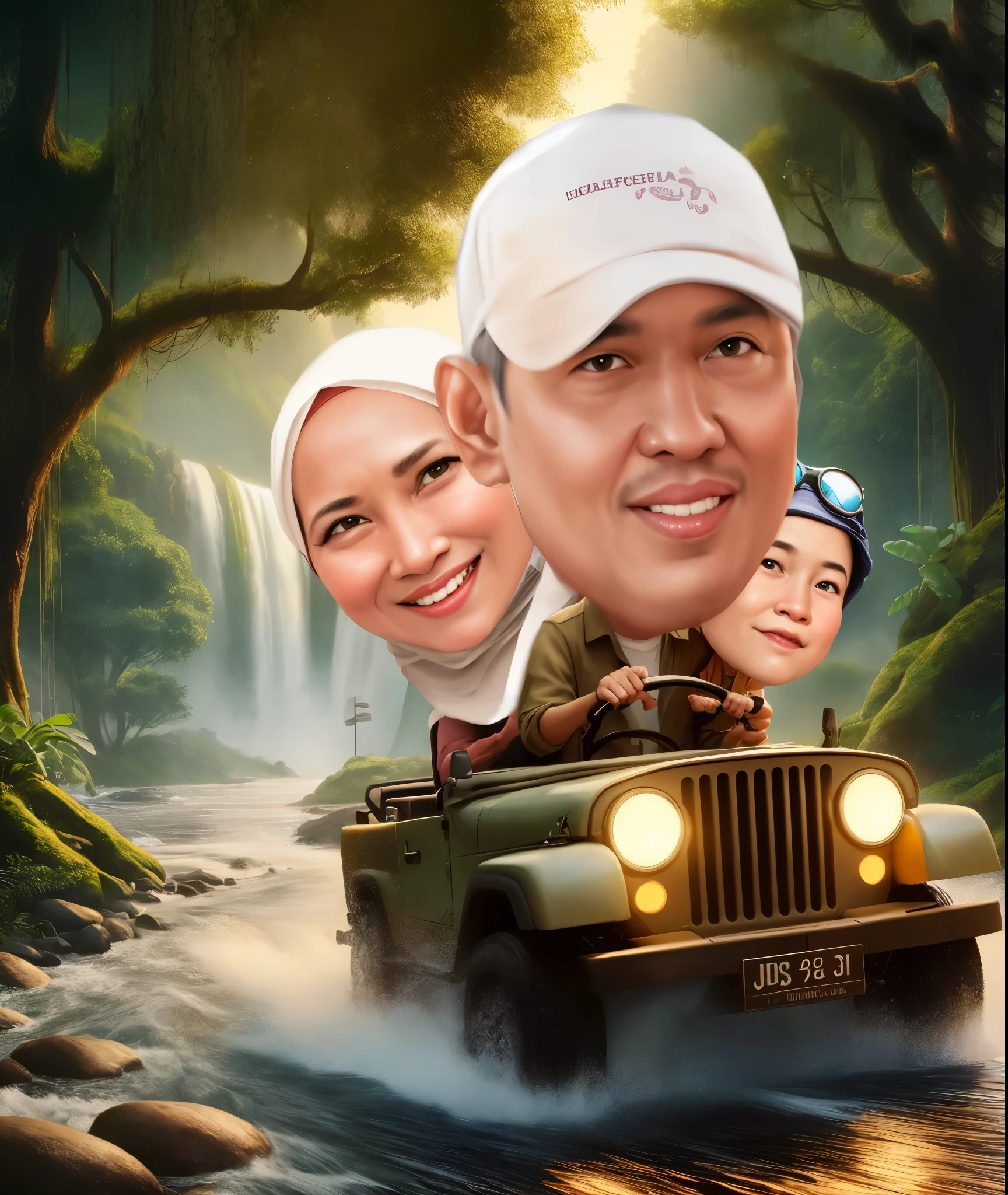 arafed picture of a family in a jeep with a waterfall in the background, Mother wears the hijab, caricature illustration, cartoon digital painting, cartoon art, digital cartoon painting art, cartoon digital art, an indonesian family portrait, caricature style, cartoon artstyle, digital art cartoon, cartoon painting, in cartoon style, cartoon portrait, by Abidin Dino, potrait, happy family