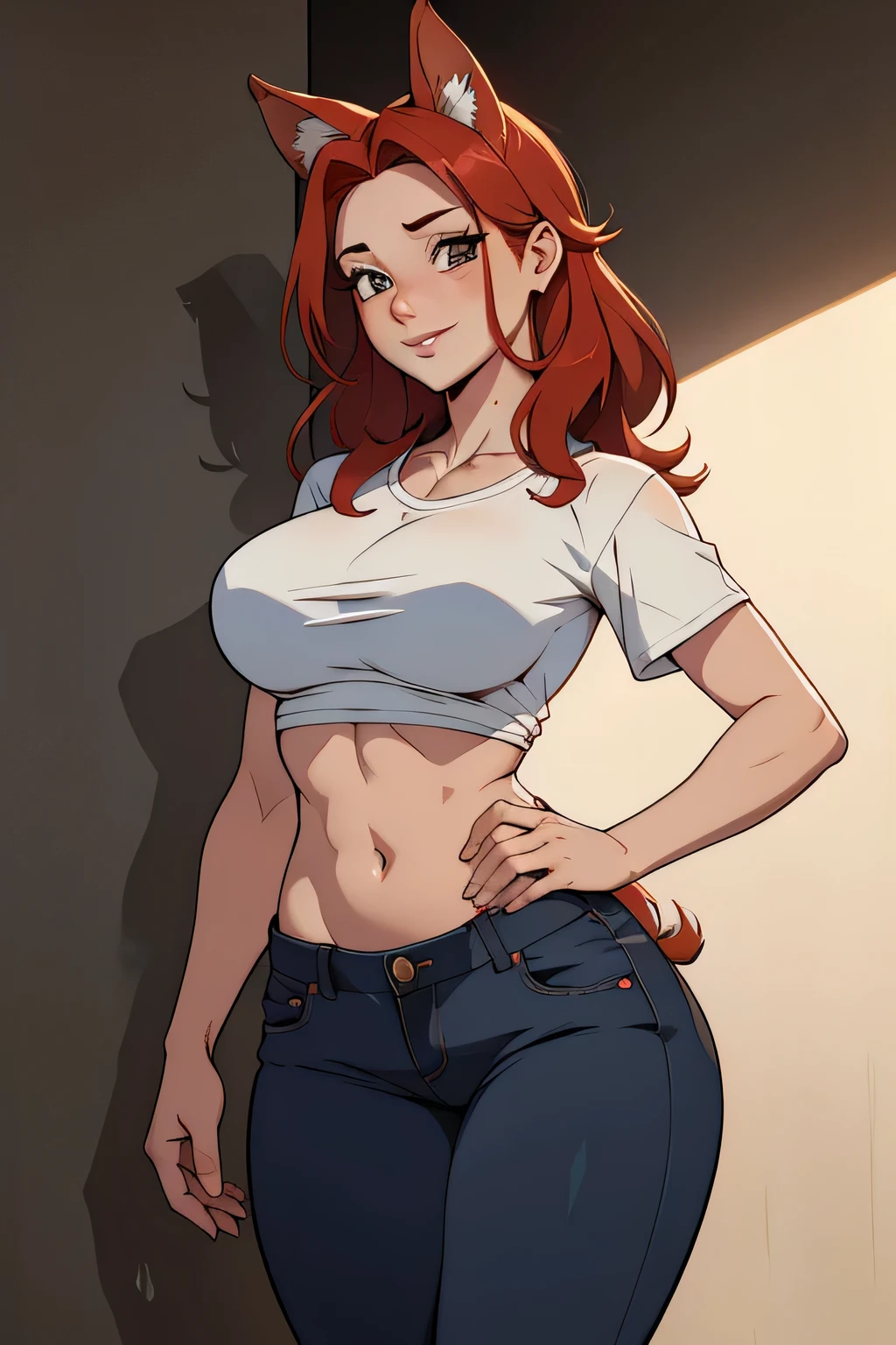 mulher raposa,red hair,(hands on breasts),Mamalhuda,corpo em forma, pants and shirt without bra, revelando peito, Rosto e olhos detalhados 1.2,(sem calcinha),pernas longas,8k,alta qualidade, Front view, clivagem completa,DAMP BODY, mamilos duros, sorriso sexy, cabelo curto