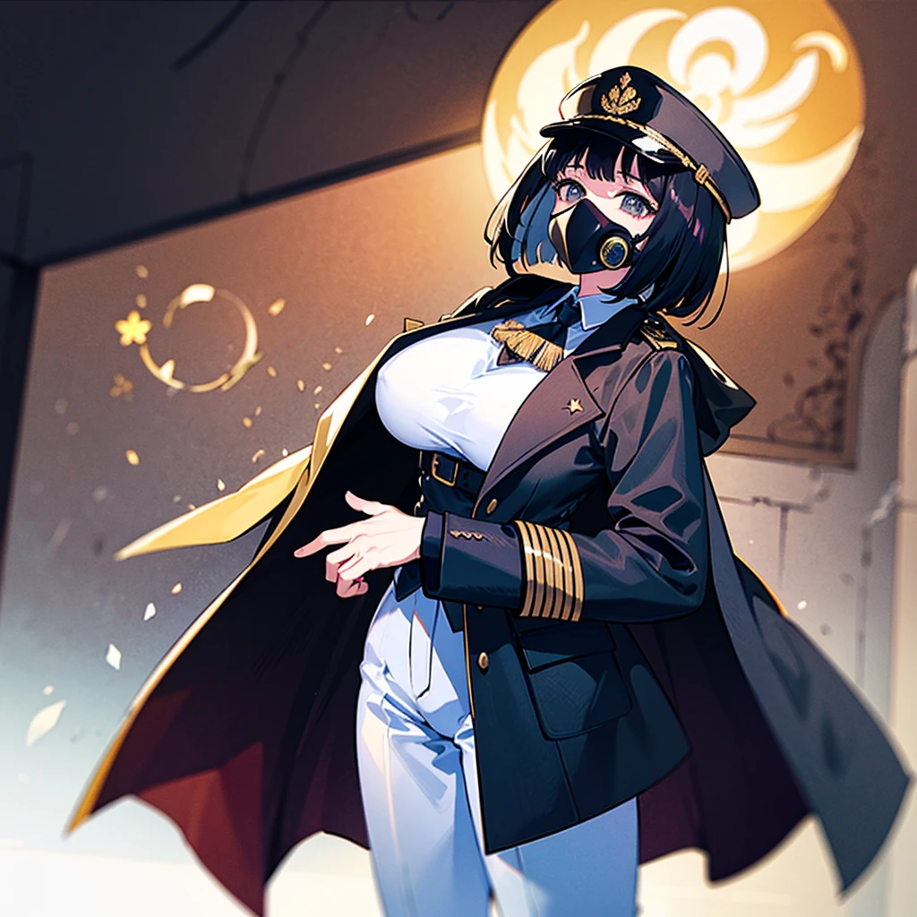 （（（​masterpiece）））、（（（Top image quality）））、（（（top-quality）））、（Illustration of one woman）、30-years old、（Viceroy）、Black hair bob cut、（（Face covering gas mask））、Gray eyes、（（Tall））、（（huge tit））、（（Military uniforms））、（（Military Cap））、（（Military coat））、（white  clothes）、（White pants）、（White cap）、trench coat、（（kosmos船の中））、（Outside the window、kosmos、kosmosから見た地球、kosmos港）
