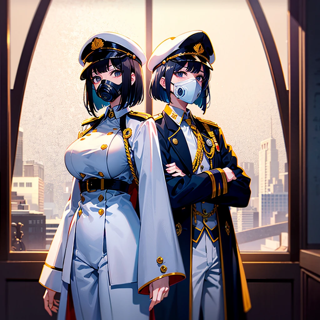 (((masterpiece)))、(((Top image quality)))、(((top-quality)))、(Illustration of one woman)、30-years old、(Viceroy)、Black hair bob cut、((Face covering gas mask))、Gray eyes、((Tall))、((huge tit))、((Military uniforms))、((Military Cap))、((Military coat))、(white clothes)、(White pants)、(White cap)、trench coat、((kosmos船の中))、(Outside the window、kosmos、kosmosから見た地球、kosmos港)